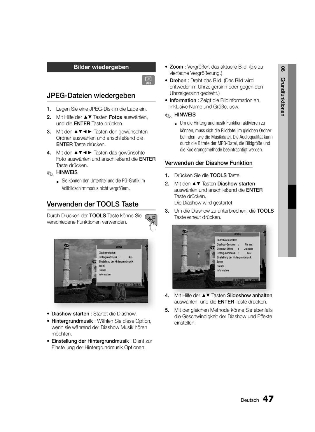 Samsung BD-D5300/XE, BD-D5300/EN, BD-D5300/XN manual JPEG-Dateien wiedergeben, Verwenden der Tools Taste, Bilder wiedergeben 