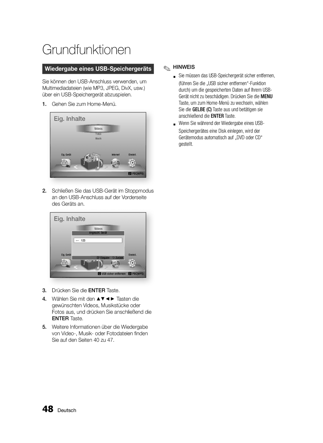 Samsung BD-D5300/EN, BD-D5300/XN, BD-D5300/ZF, BD-D5300/XE manual Wiedergabe eines USB-Speichergeräts, Gehen Sie zum Home-Menü 