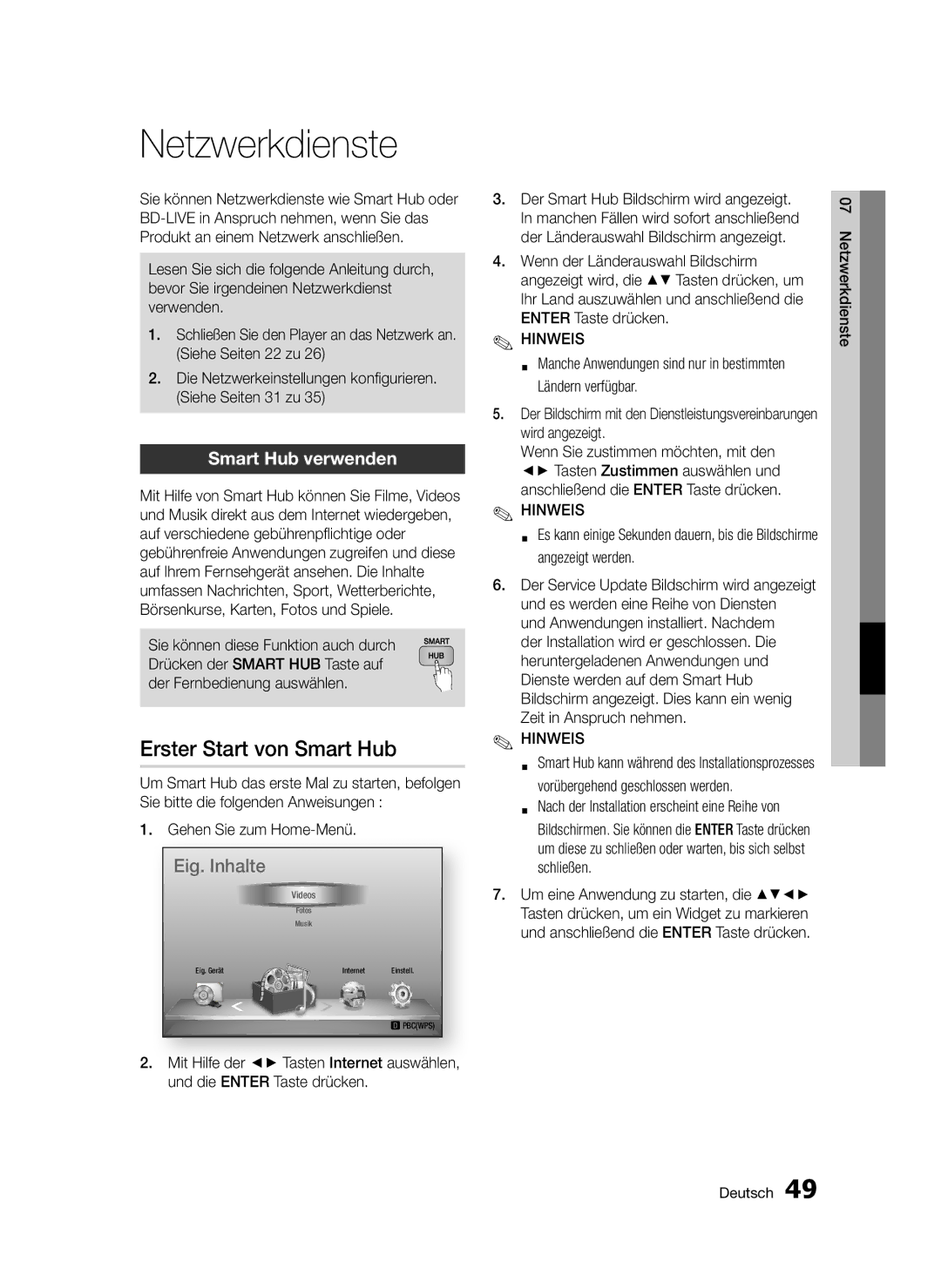 Samsung BD-D5300/XN, BD-D5300/EN, BD-D5300/ZF, BD-D5300/XE Netzwerkdienste, Erster Start von Smart Hub, Smart Hub verwenden 