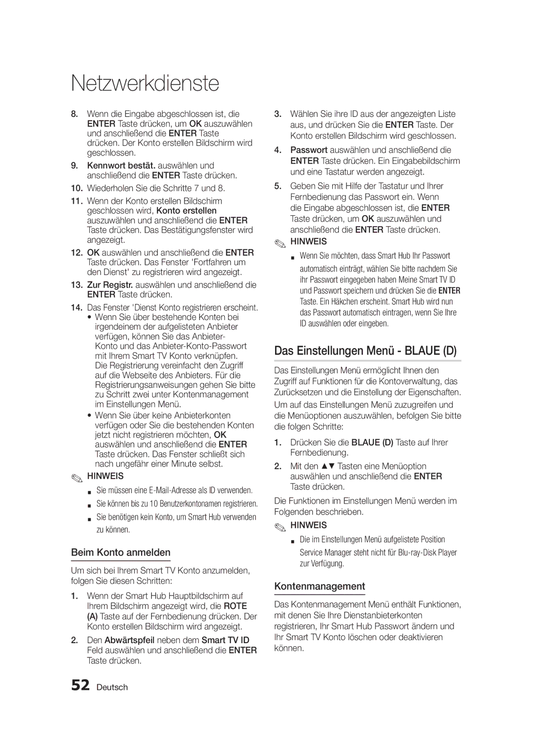 Samsung BD-D5300/EN, BD-D5300/XN manual Das Einstellungen Menü Blaue D, Beim Konto anmelden, Kontenmanagement, Zu können 