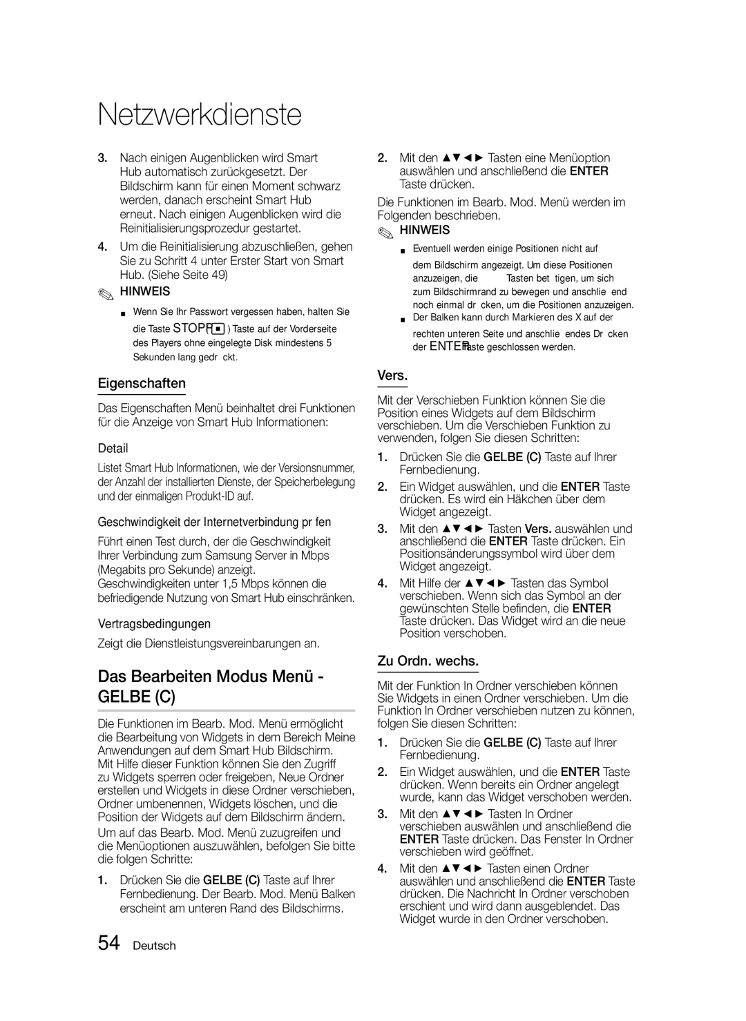 Samsung BD-D5300/ZF, BD-D5300/EN, BD-D5300/XN manual Das Bearbeiten Modus Menü Gelbe C, Eigenschaften, Vers, Zu Ordn. wechs 