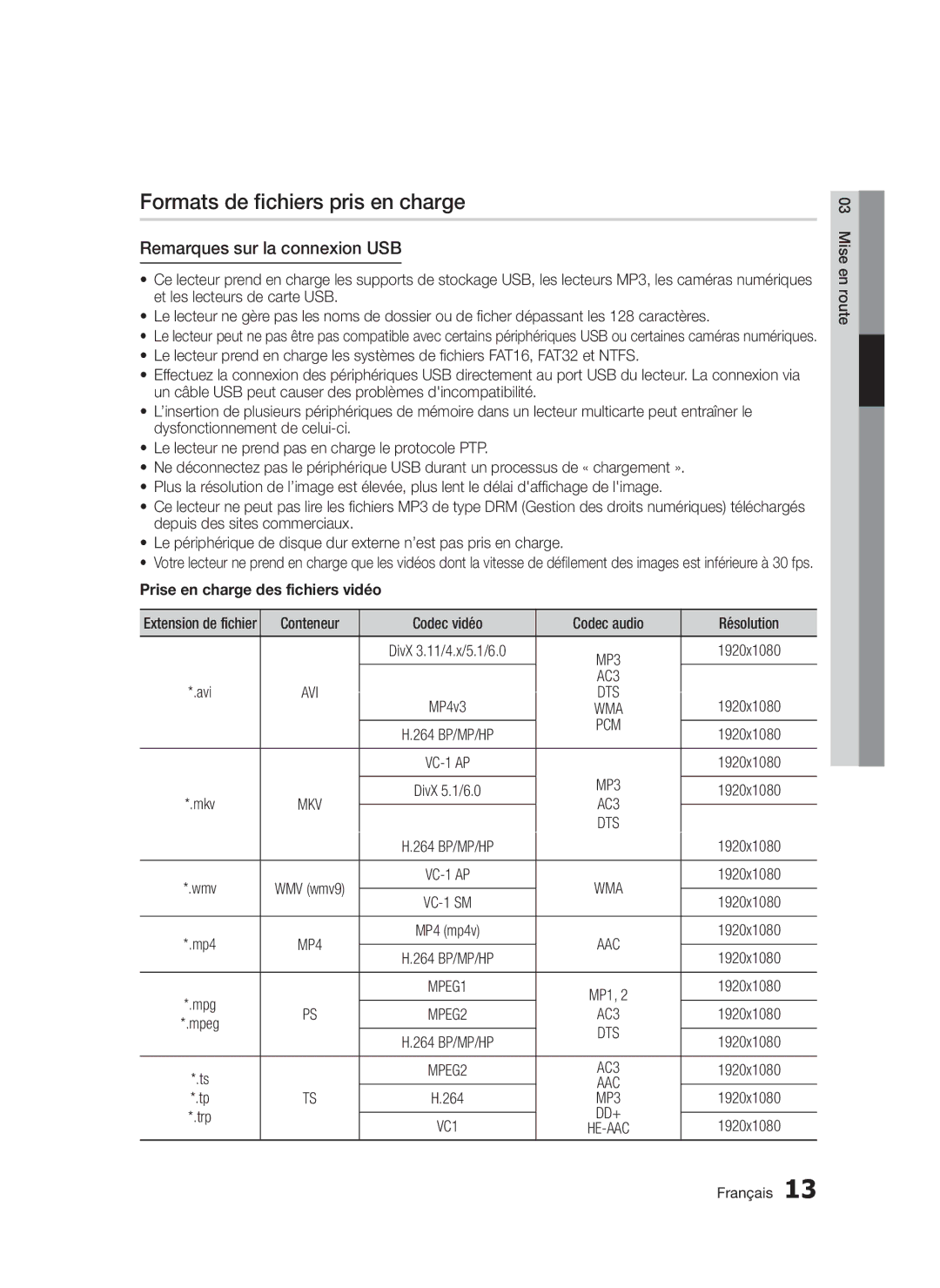 Samsung BD-D5300/XN Formats de fichiers pris en charge, Remarques sur la connexion USB, Prise en charge des fichiers vidéo 