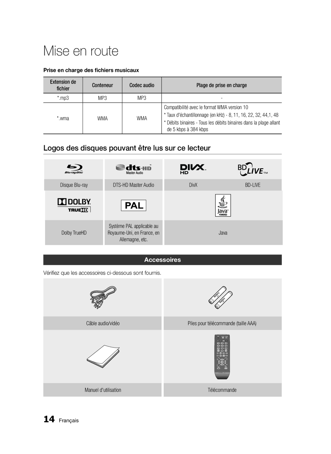 Samsung BD-D5300/ZF Logos des disques pouvant être lus sur ce lecteur, Accessoires, Prise en charge des fichiers musicaux 