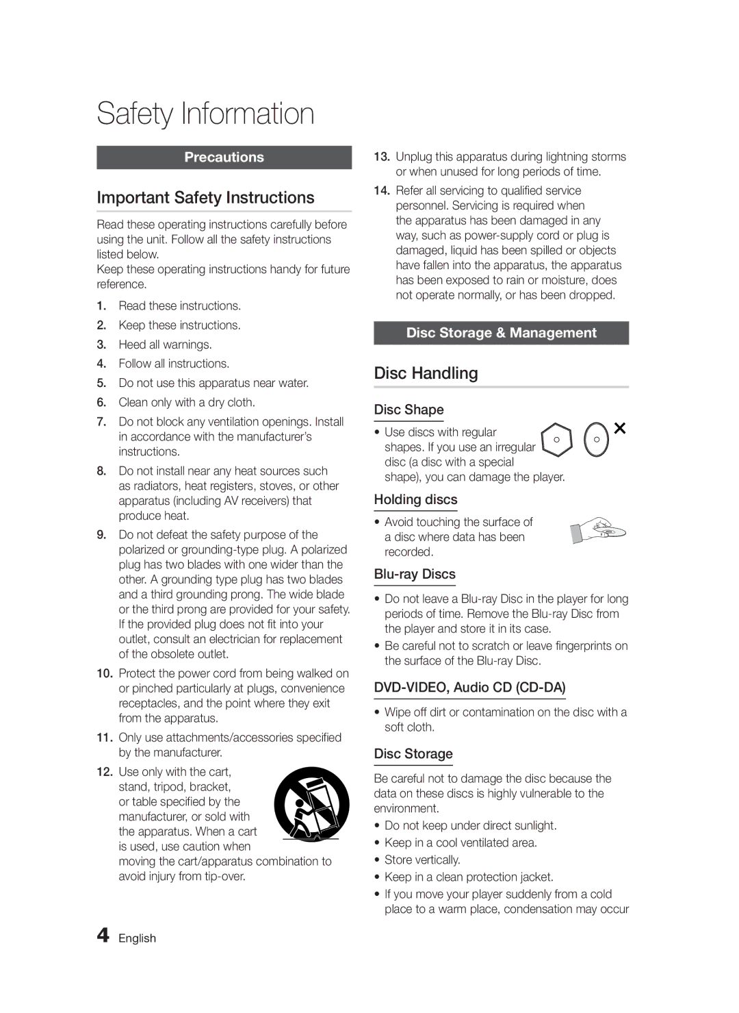 Samsung BD-D5300/EN, BD-D5300/XN manual Important Safety Instructions, Disc Handling, Precautions, Disc Storage & Management 