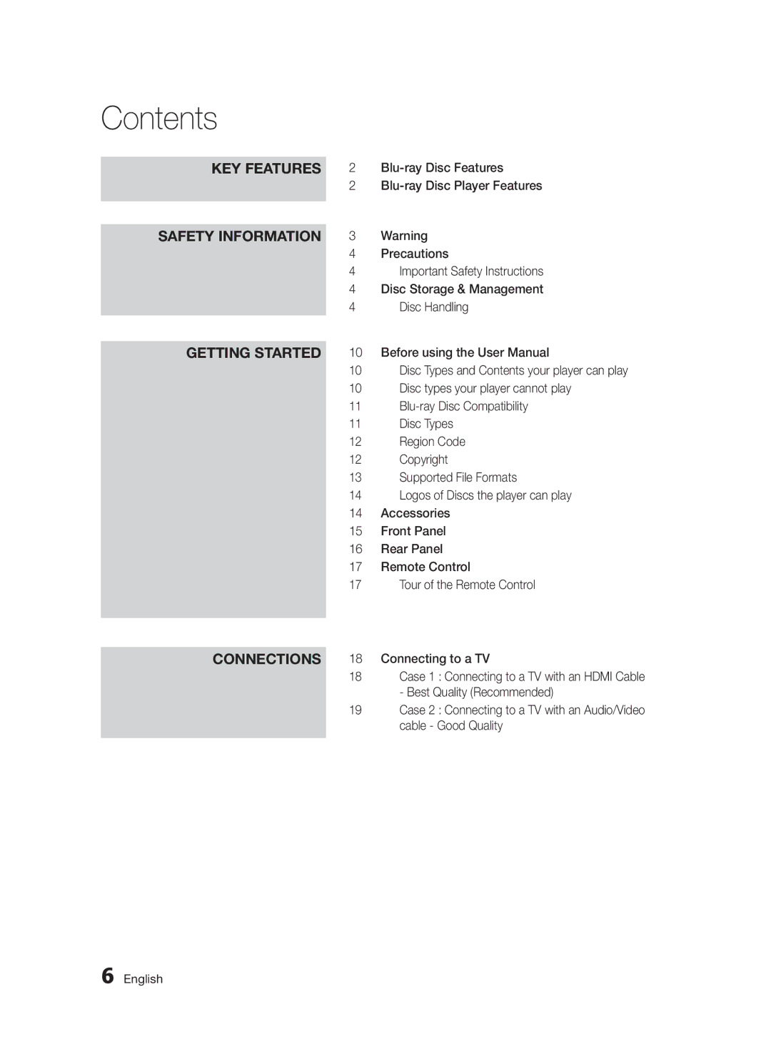 Samsung BD-D5300/ZF, BD-D5300/EN, BD-D5300/XN, BD-D5300/XE manual Contents 