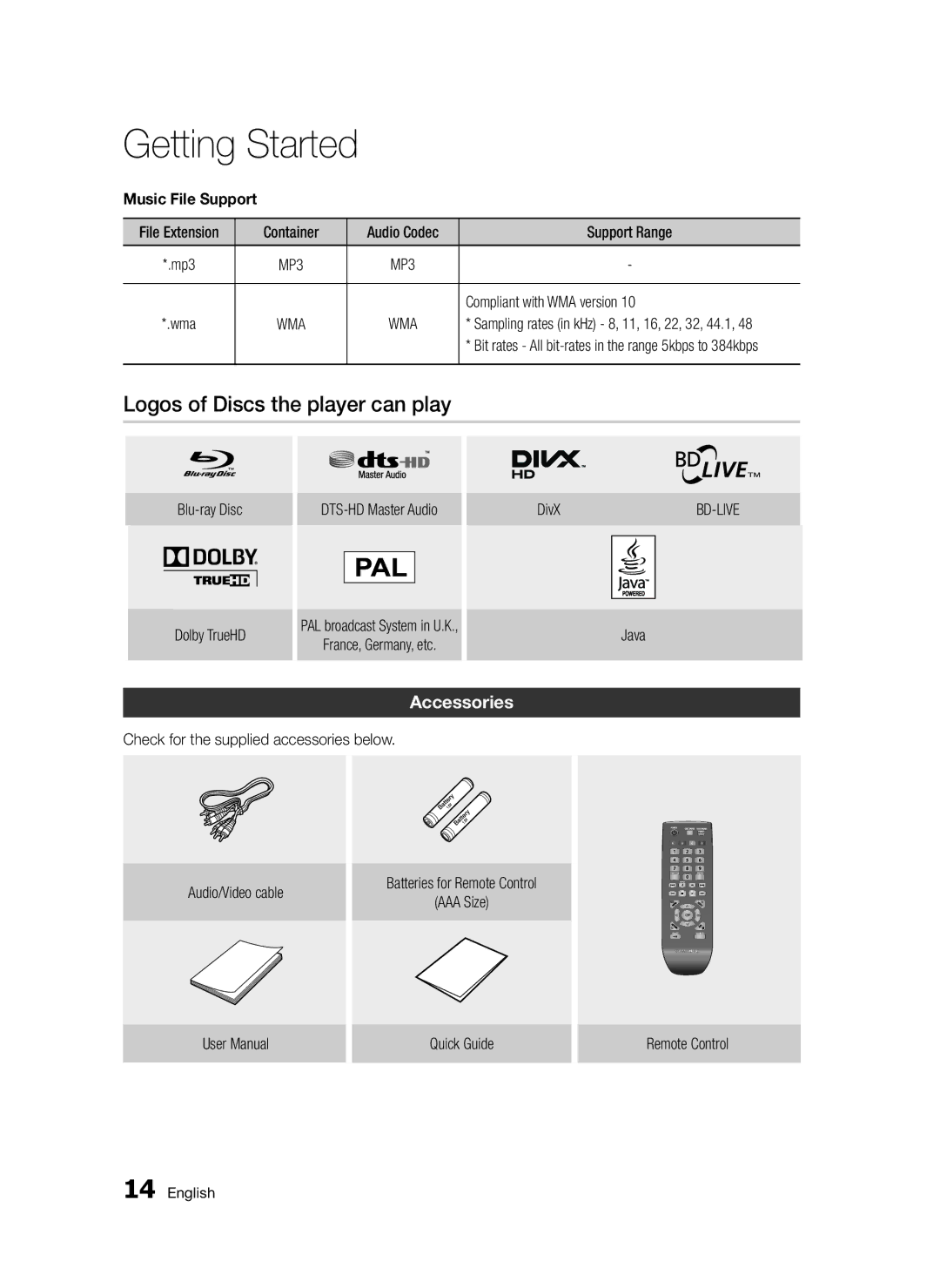 Samsung BD-D5300/ZF, BD-D5300/EN, BD-D5300/XN Logos of Discs the player can play, Accessories, Compliant with WMA version 