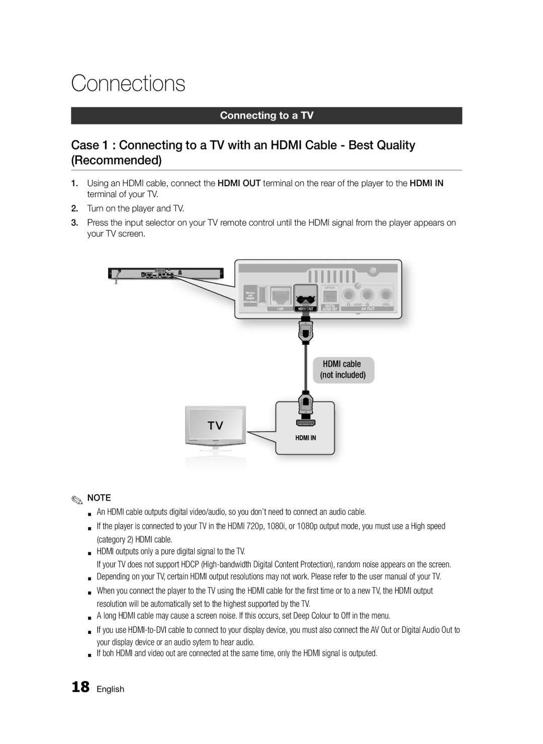 Samsung BD-D5300/ZF, BD-D5300/EN, BD-D5300/XN, BD-D5300/XE manual Connections, Connecting to a TV, Hdmi cable not included 