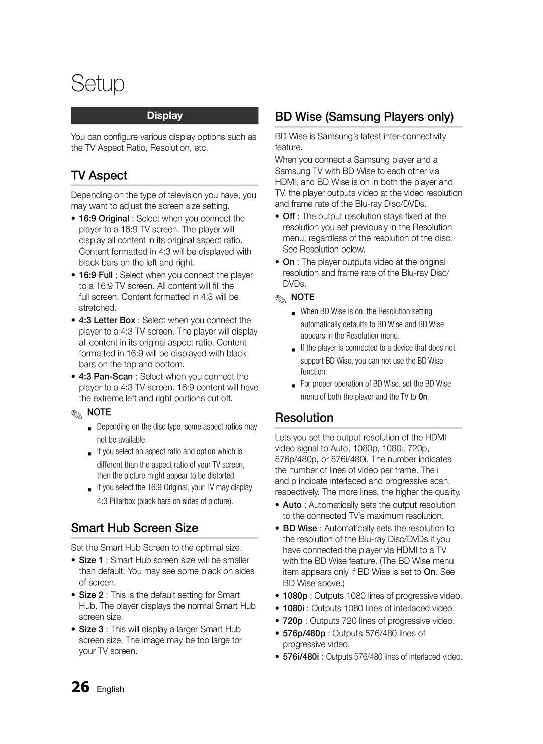 Samsung BD-D5300/ZF, BD-D5300/EN manual TV Aspect, Smart Hub Screen Size, BD Wise Samsung Players only, Resolution, Display 