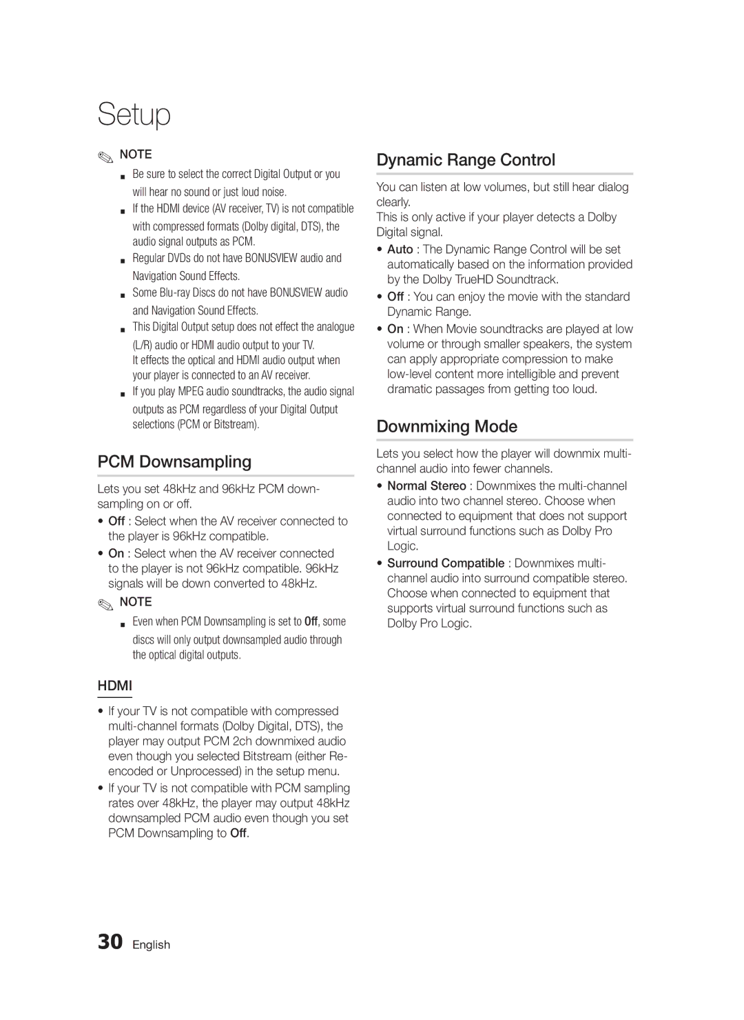 Samsung BD-D5300/ZF, BD-D5300/EN, BD-D5300/XN, BD-D5300/XE manual PCM Downsampling, Dynamic Range Control, Downmixing Mode 