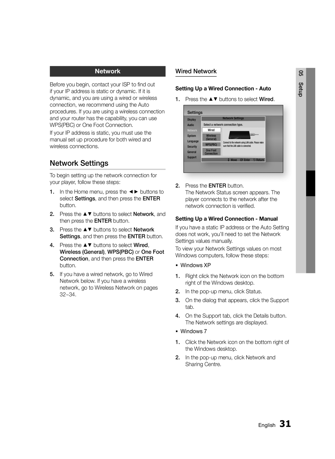 Samsung BD-D5300/XE, BD-D5300/EN, BD-D5300/XN manual Network Settings, Wired Network, Setting Up a Wired Connection Auto 