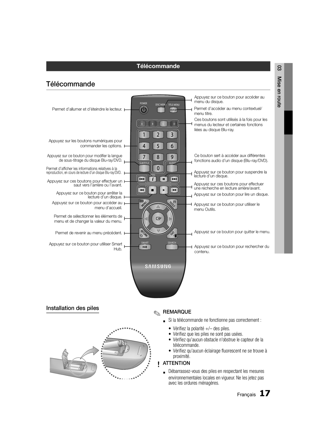 Samsung BD-D5300/XN, BD-D5300/EN, BD-D5300/ZF, BD-D5300/XE manual Télécommande, Installation des piles 