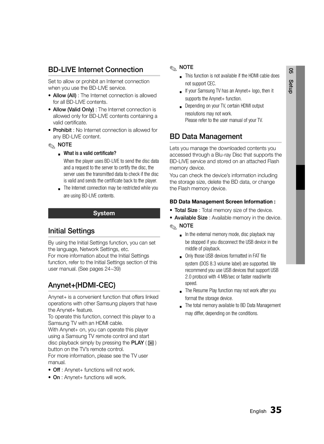 Samsung BD-D5300/XE, BD-D5300/EN manual BD-LIVE Internet Connection, Initial Settings, Anynet+HDMI-CEC, BD Data Management 