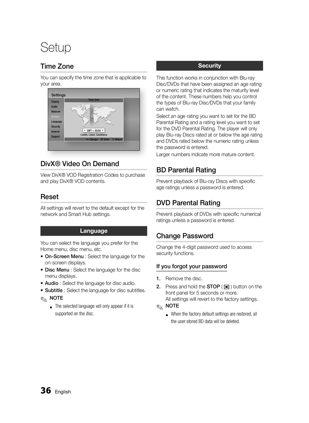 Samsung BD-D5300/EN, BD-D5300/XN, BD-D5300/ZF Time Zone, Reset, BD Parental Rating, DVD Parental Rating, Change Password 