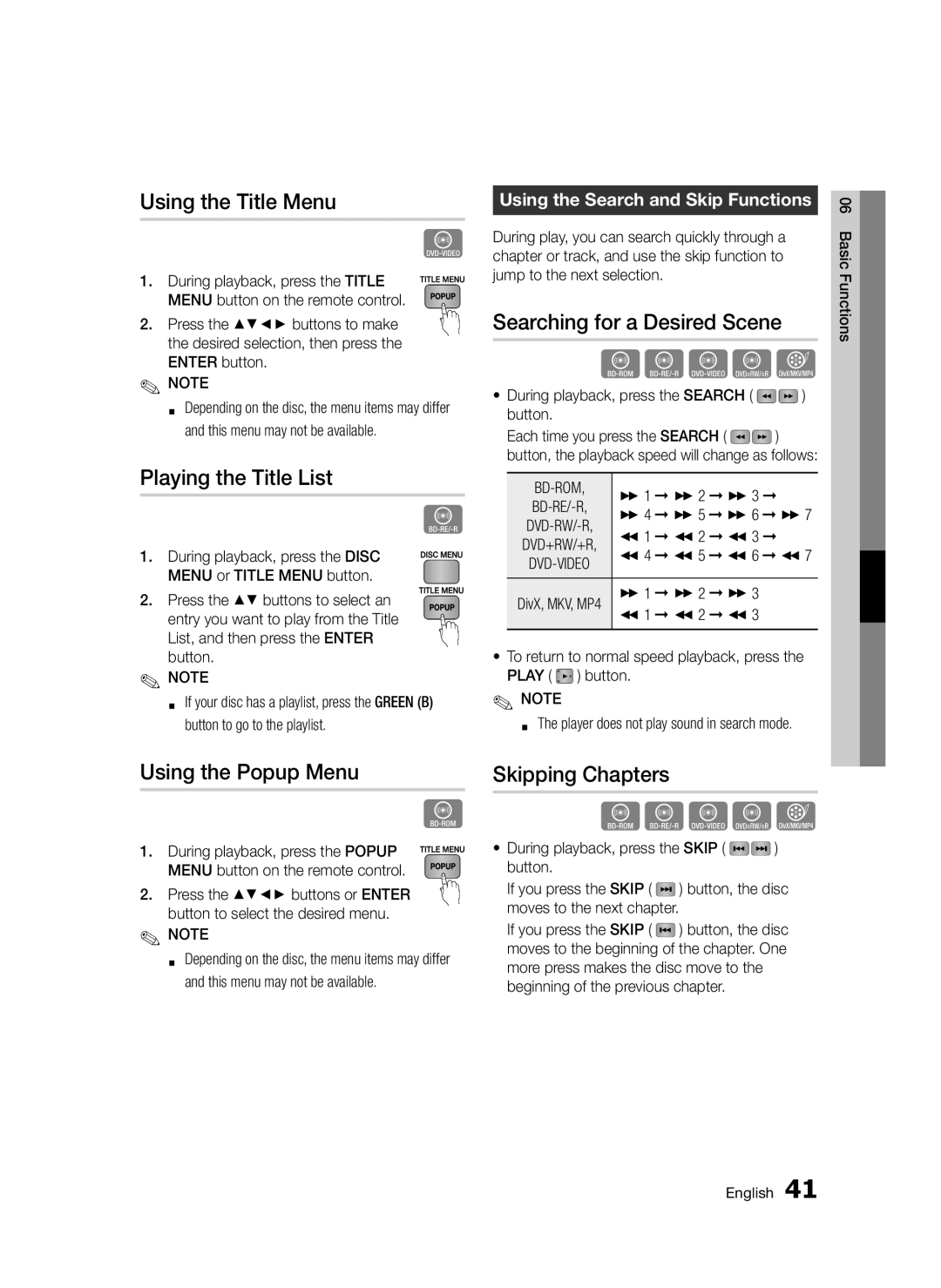 Samsung BD-D5300/XN Using the Title Menu, Playing the Title List, Using the Popup Menu, Searching for a Desired Scene 