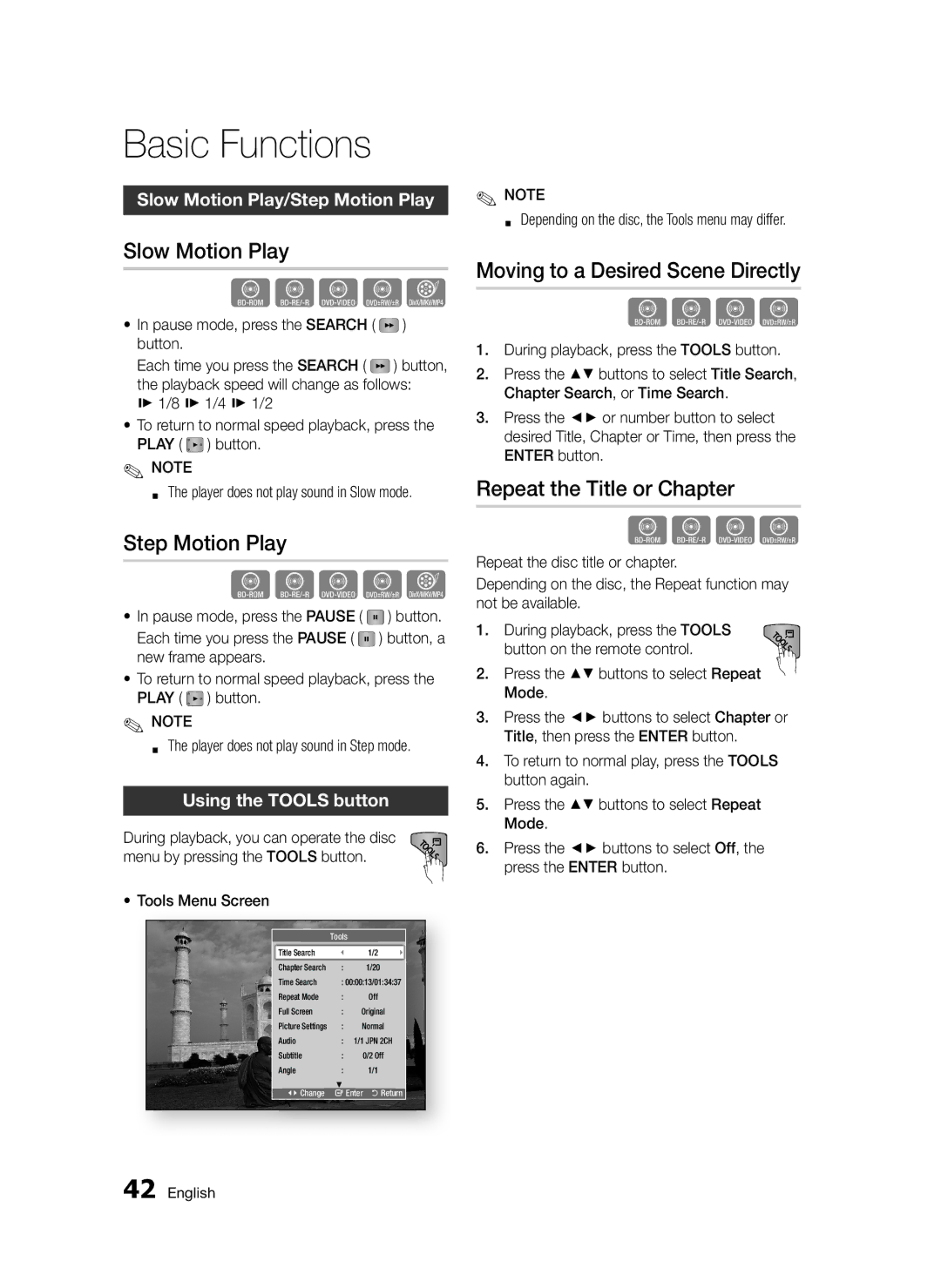 Samsung BD-D5300/ZF Slow Motion Play, Step Motion Play, Moving to a Desired Scene Directly, Repeat the Title or Chapter 