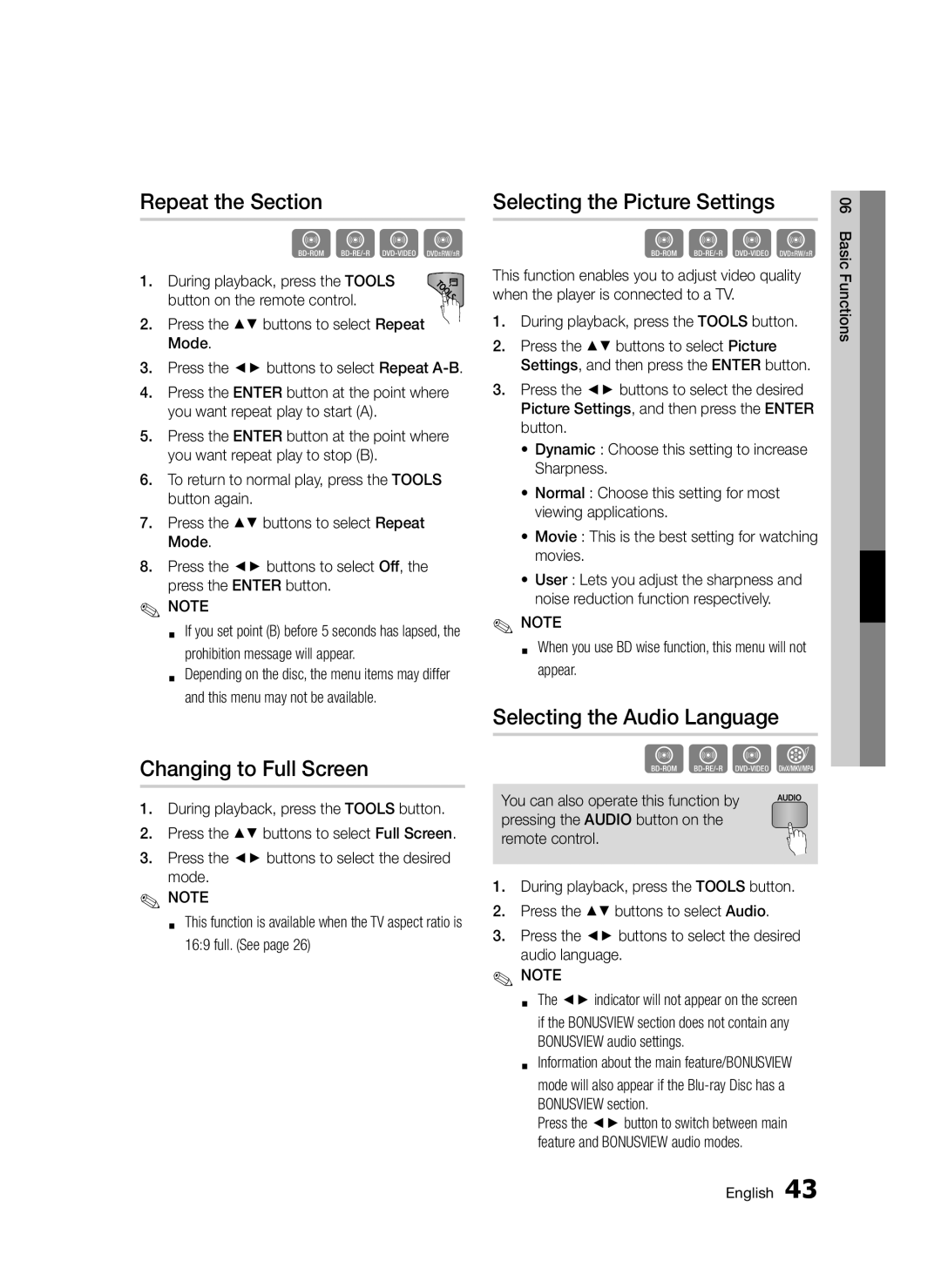 Samsung BD-D5300/XE, BD-D5300/EN, BD-D5300/XN Repeat the Section, Changing to Full Screen, Selecting the Picture Settings 