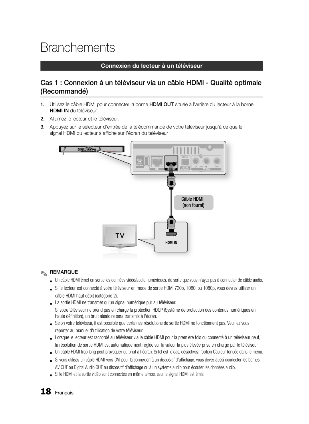 Samsung BD-D5300/ZF, BD-D5300/EN, BD-D5300/XN Branchements, Connexion du lecteur à un téléviseur, Câble Hdmi non fourni 