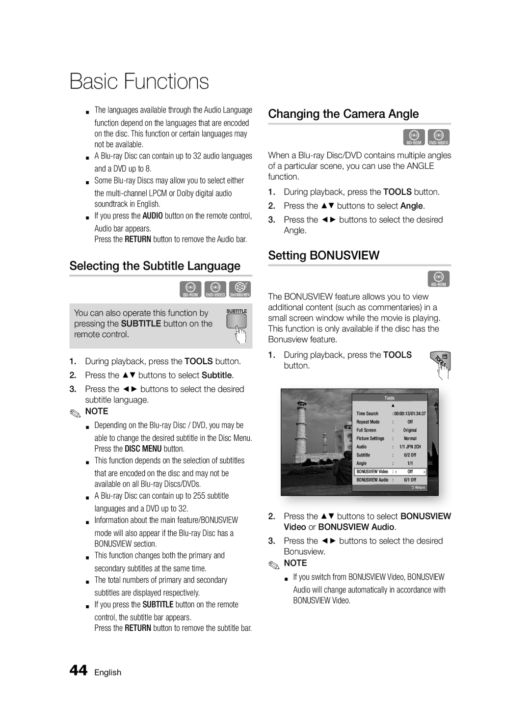 Samsung BD-D5300/EN, BD-D5300/XN, BD-D5300/ZF Selecting the Subtitle Language, Changing the Camera Angle, Setting Bonusview 