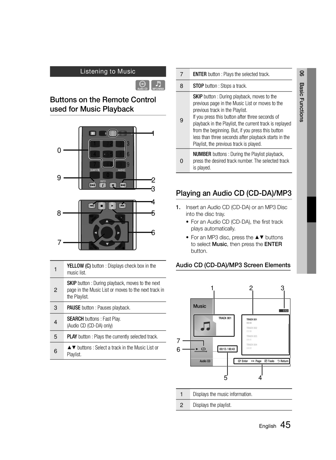 Samsung BD-D5300/XN, BD-D5300/EN manual Buttons on the Remote Control used for Music Playback, Playing an Audio CD CD-DA/MP3 