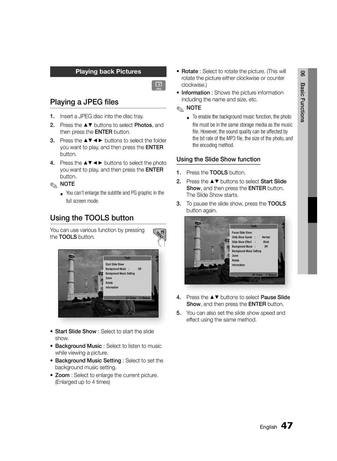 Samsung BD-D5300/XE Playing a Jpeg files, Using the Tools button, Playing back Pictures, Using the Slide Show function 