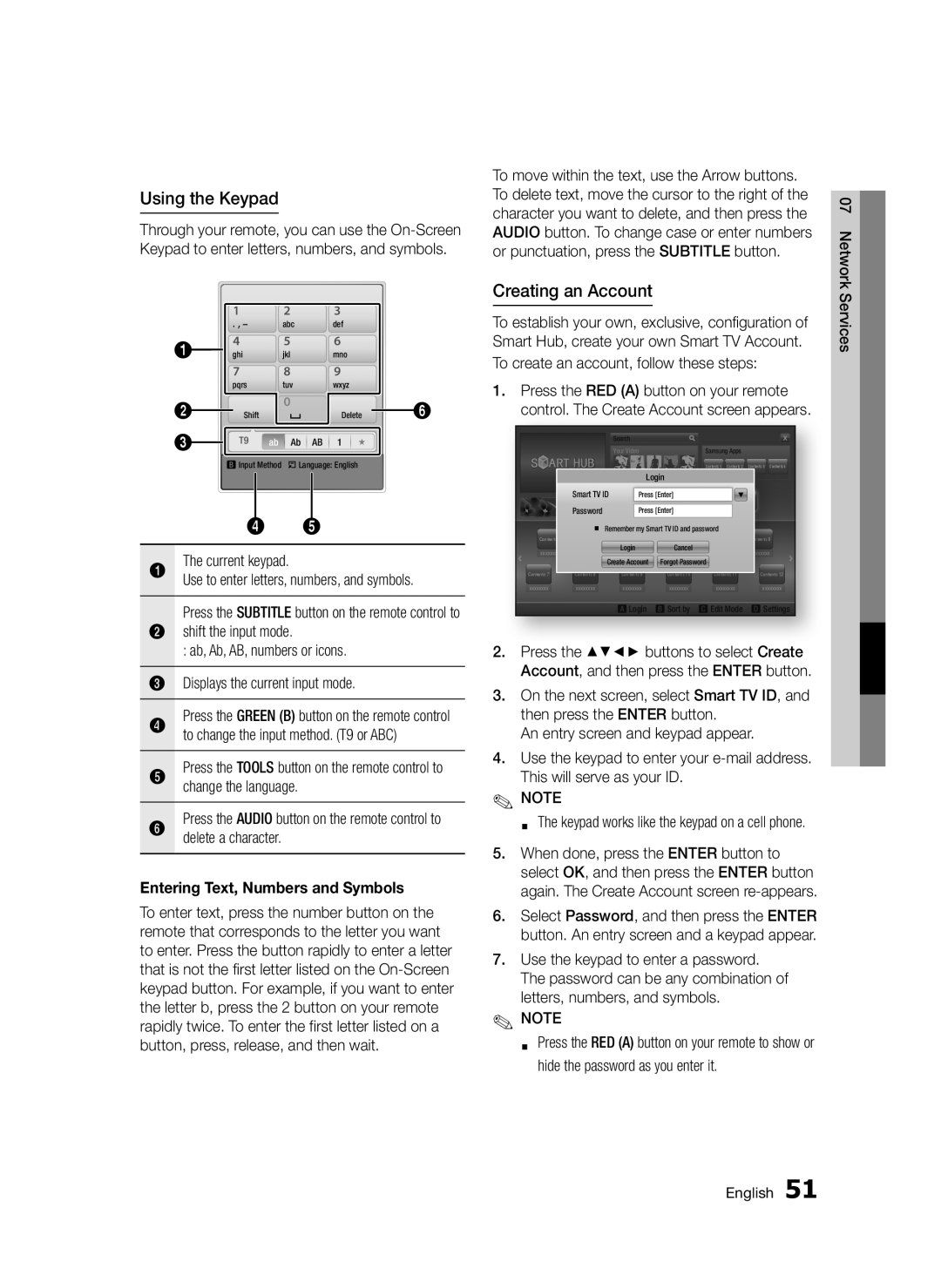 Samsung BD-D5300/XE, BD-D5300/EN, BD-D5300/XN Using the Keypad, Creating an Account, Entering Text, Numbers and Symbols 