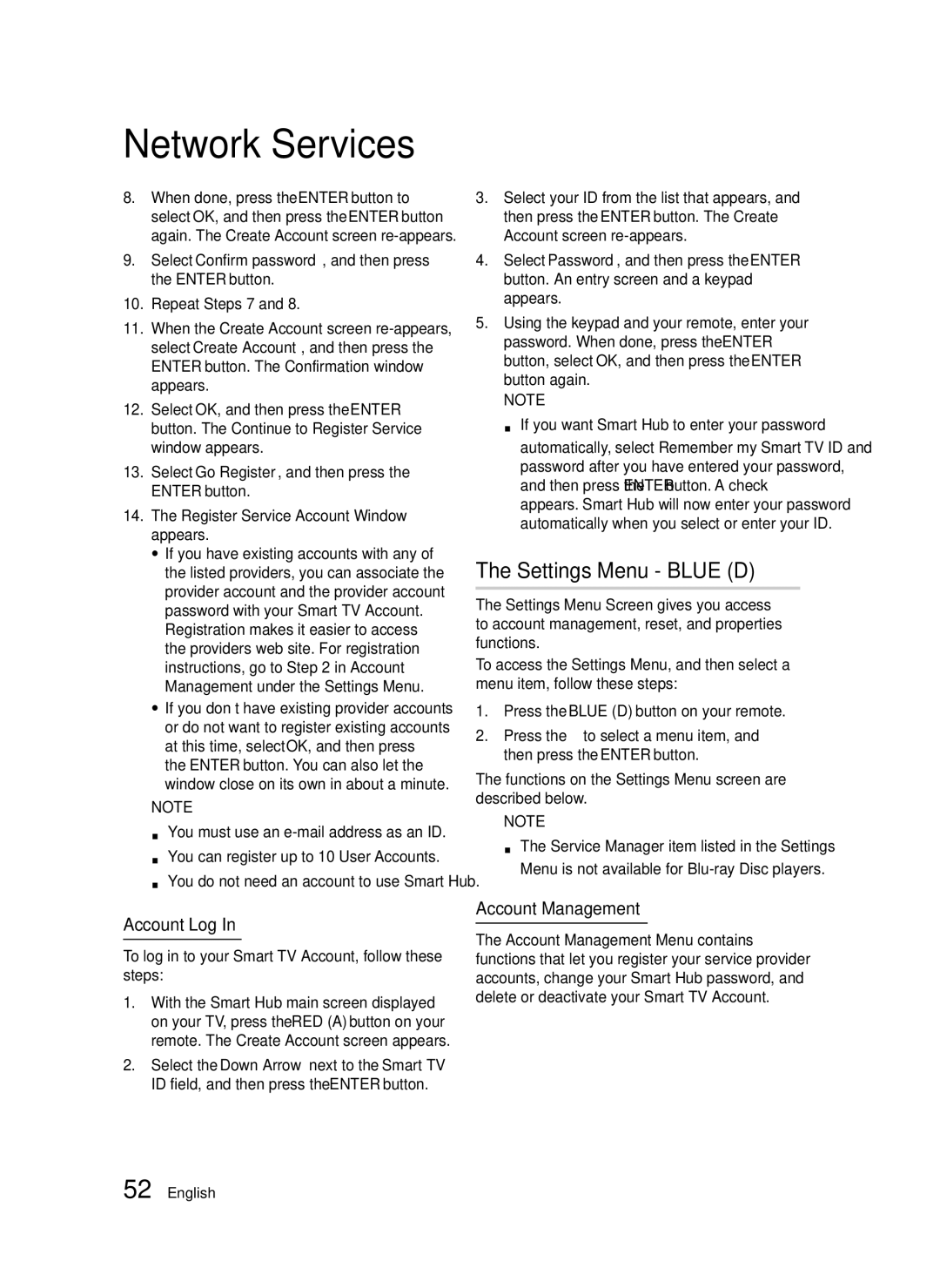 Samsung BD-D5300/EN Settings Menu Blue D, Account Log, Account Management, You do not need an account to use Smart Hub 