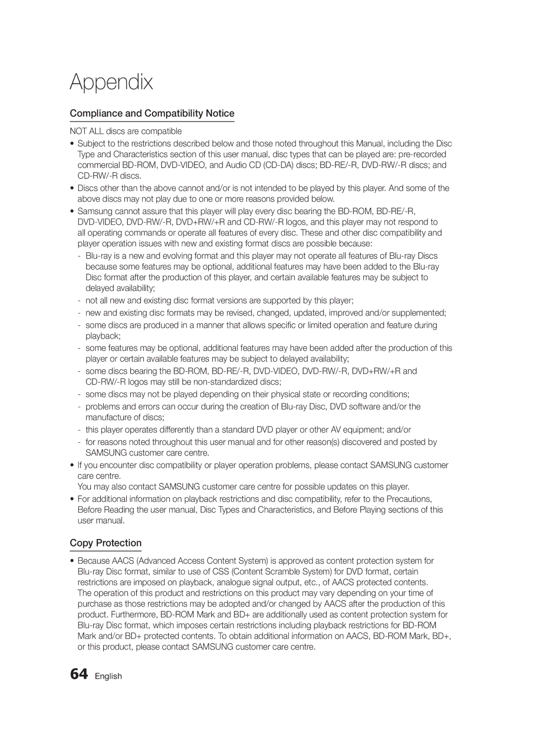 Samsung BD-D5300/EN, BD-D5300/XN, BD-D5300/ZF, BD-D5300/XE manual Compliance and Compatibility Notice, Copy Protection 