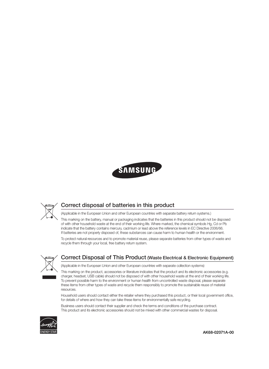 Samsung BD-D5300/XN, BD-D5300/EN, BD-D5300/ZF, BD-D5300/XE manual Correct disposal of batteries in this product 