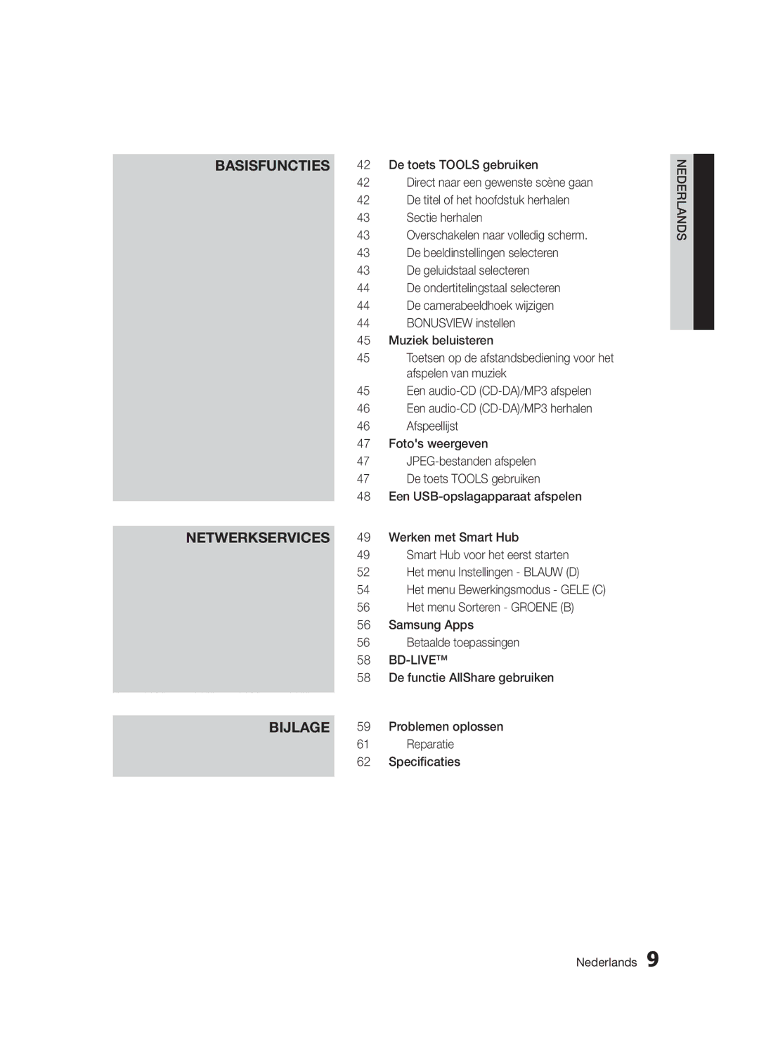 Samsung BD-D5300/ZF manual Basisfuncties Netwerkservices, Bijlage, De functie AllShare gebruiken, Reparatie, Specificaties 