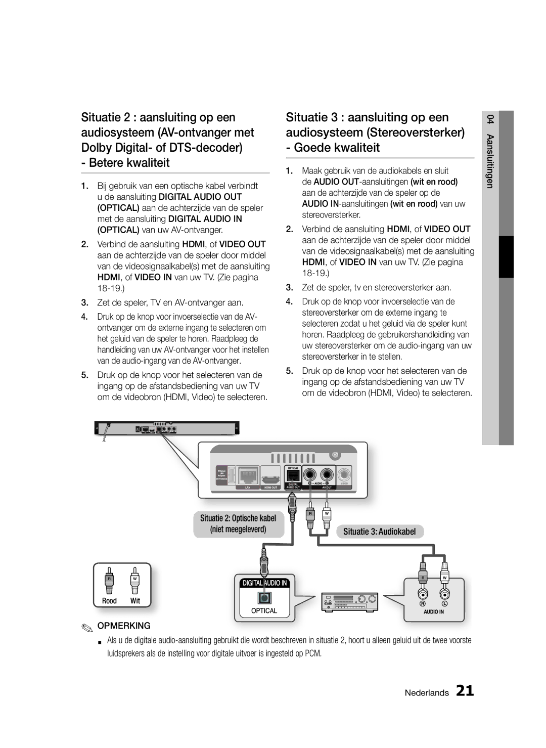 Samsung BD-D5300/ZF manual Betere kwaliteit, Situatie 2 Optische kabel, Situatie 3 Audiokabel, Niet meegeleverd, Rood Wit 