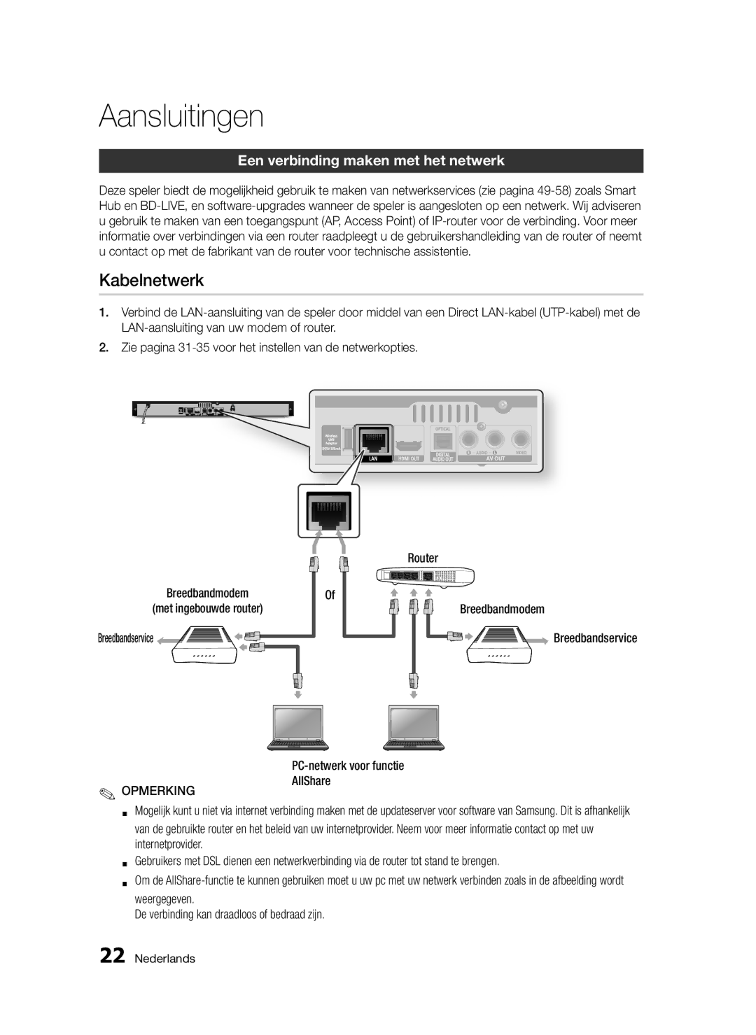 Samsung BD-D5300/XE, BD-D5300/EN, BD-D5300/XN, BD-D5300/ZF manual Kabelnetwerk, Een verbinding maken met het netwerk 