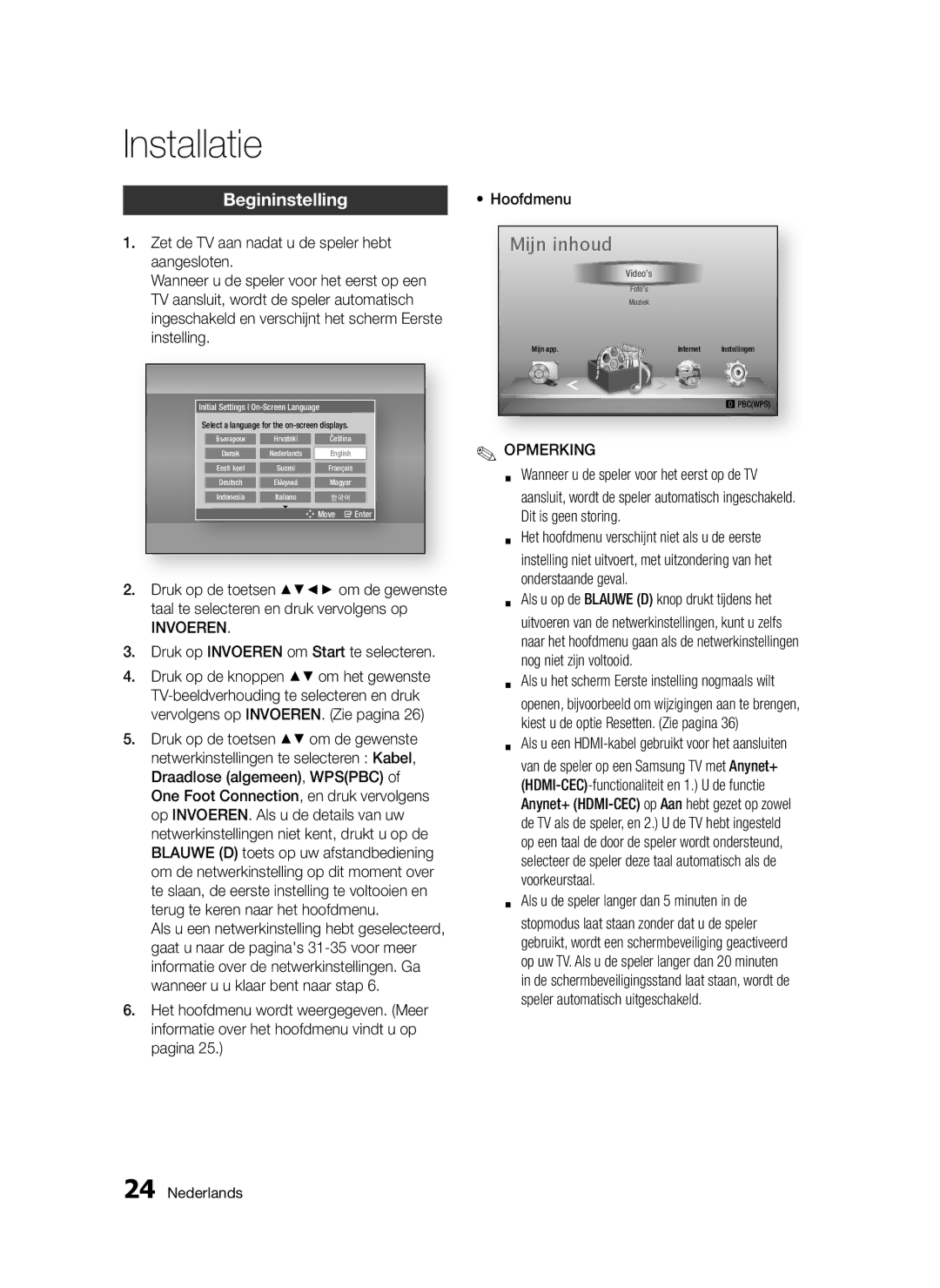 Samsung BD-D5300/XN, BD-D5300/EN, BD-D5300/ZF Installatie, Begininstelling, Druk op Invoeren om Start te selecteren 