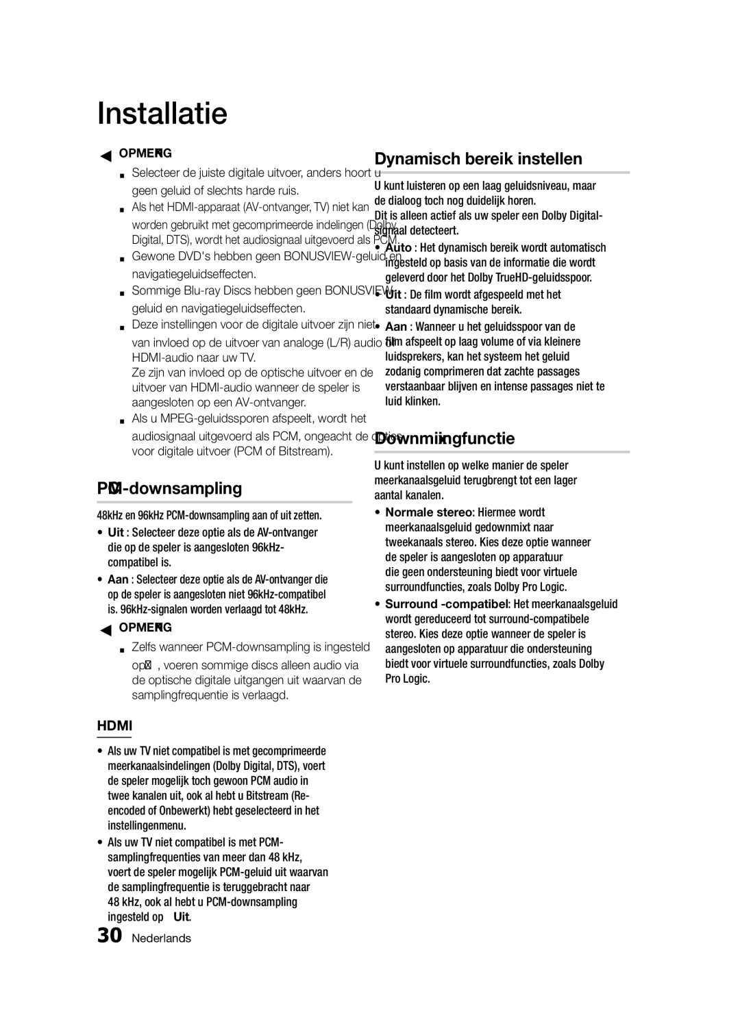 Samsung BD-D5300/XE manual Dynamisch bereik instellen, Downmixingfunctie, 48kHz en 96kHz PCM-downsampling aan of uit zetten 