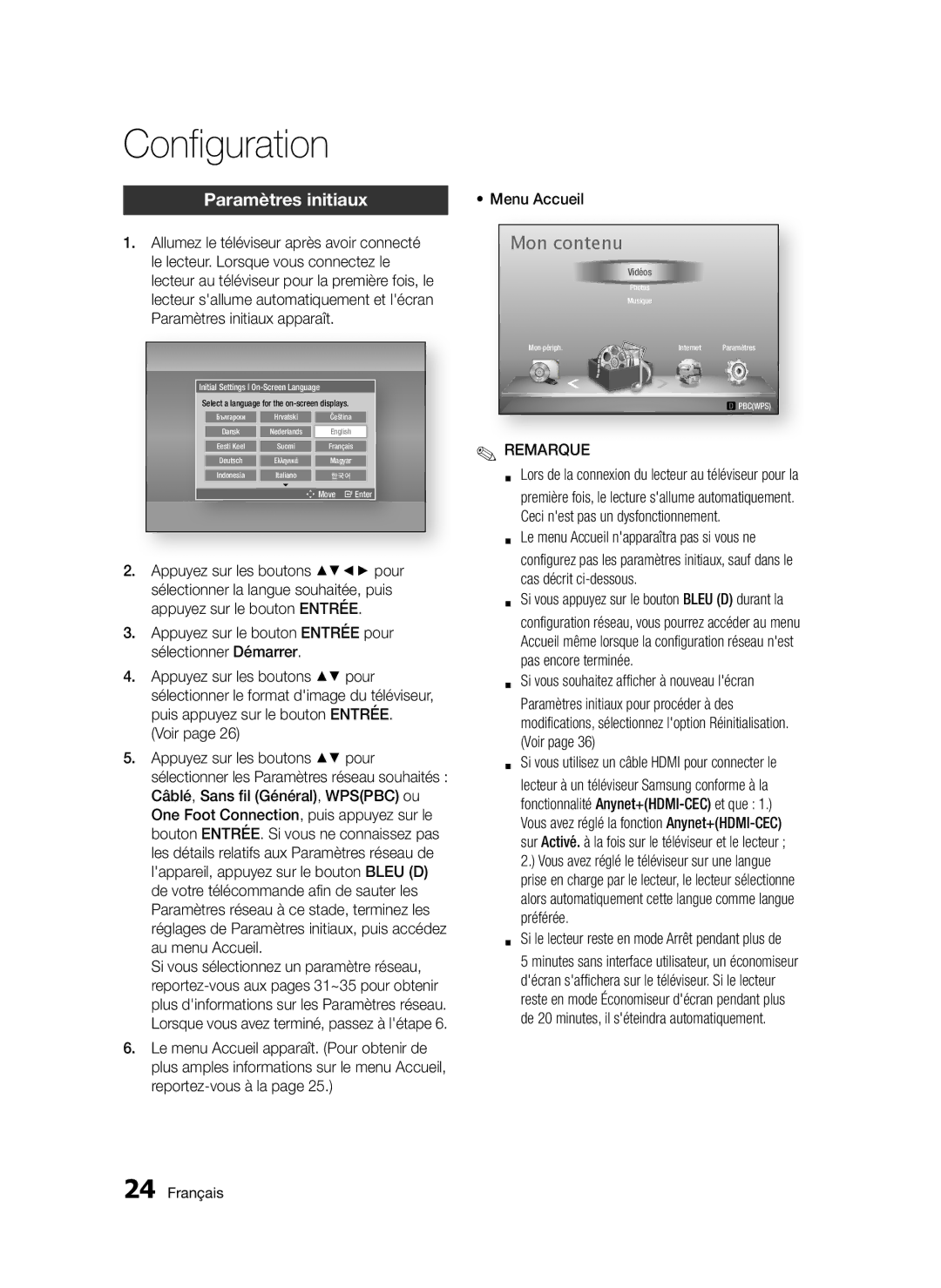 Samsung BD-D5300/EN manual Configuration, Paramètres initiaux, Appuyez sur le bouton Entrée pour sélectionner Démarrer 