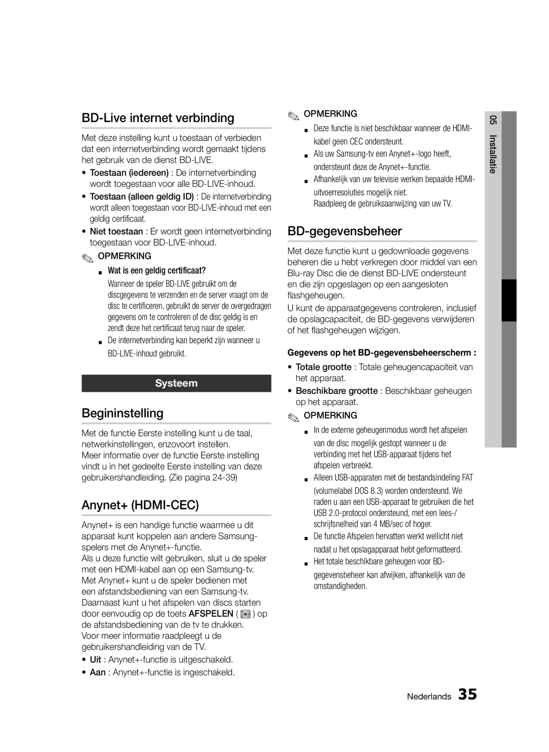 Samsung BD-D5300/EN, BD-D5300/XN, BD-D5300/ZF manual BD-Live internet verbinding, Begininstelling, BD-gegevensbeheer, Systeem 