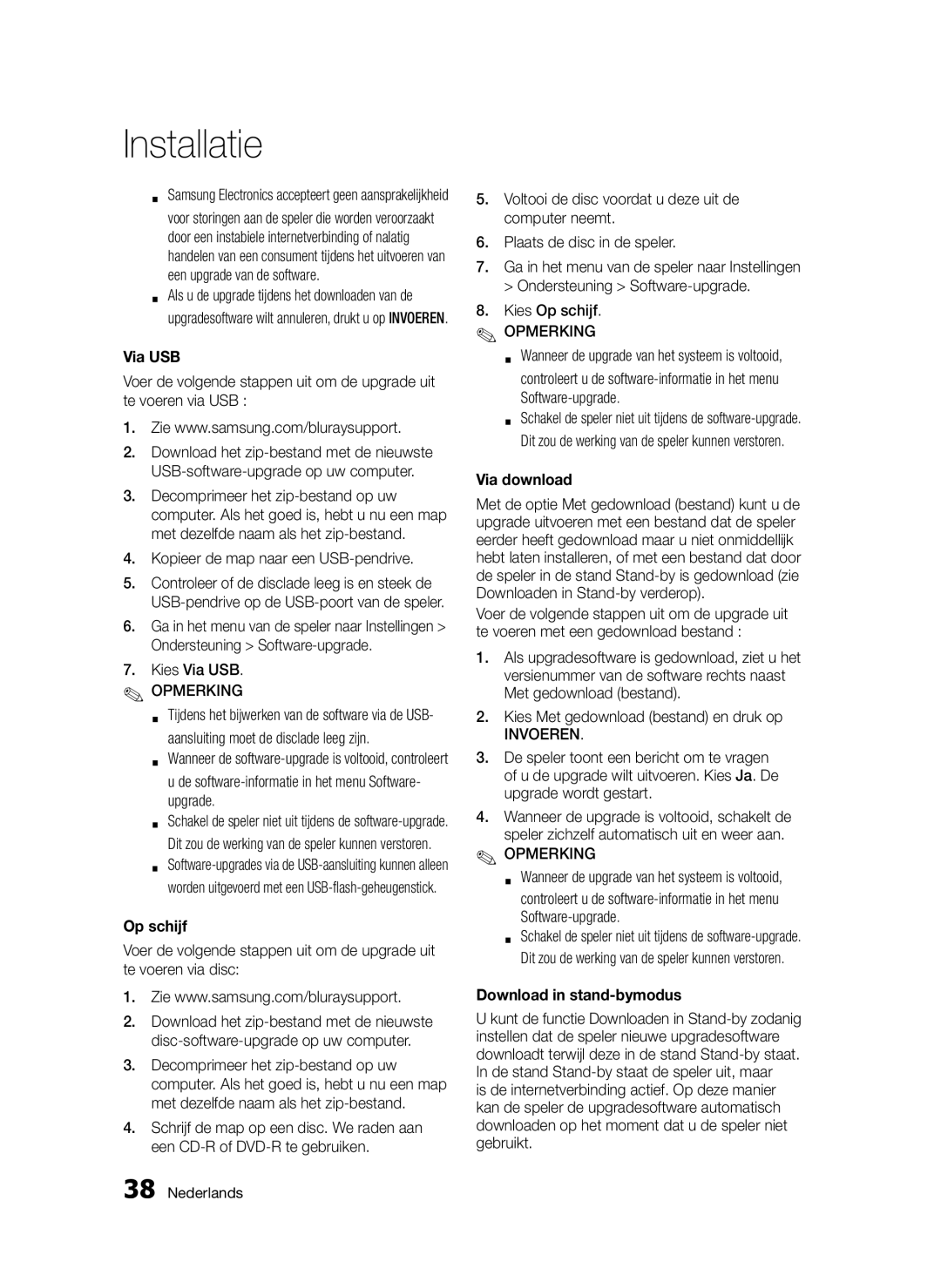 Samsung BD-D5300/XE, BD-D5300/EN, BD-D5300/XN, BD-D5300/ZF manual Via USB, Op schijf, Via download, Download in stand-bymodus 