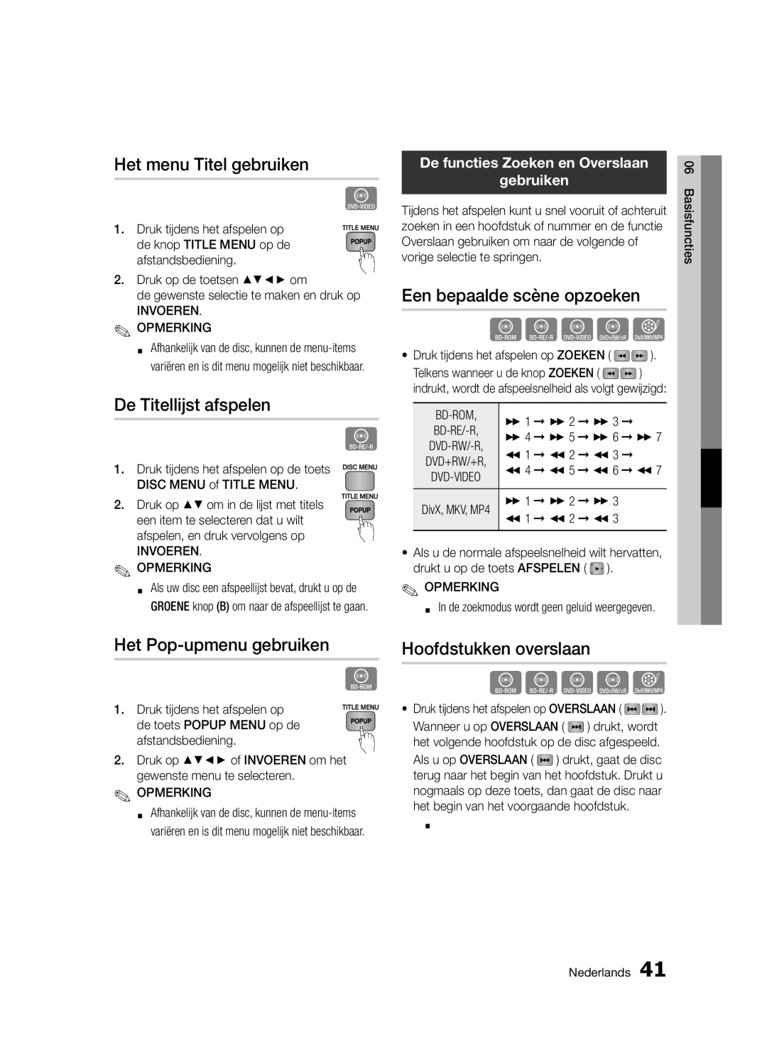 Samsung BD-D5300/ZF Het menu Titel gebruiken, De Titellijst afspelen, Het Pop-upmenu gebruiken, Hoofdstukken overslaan 