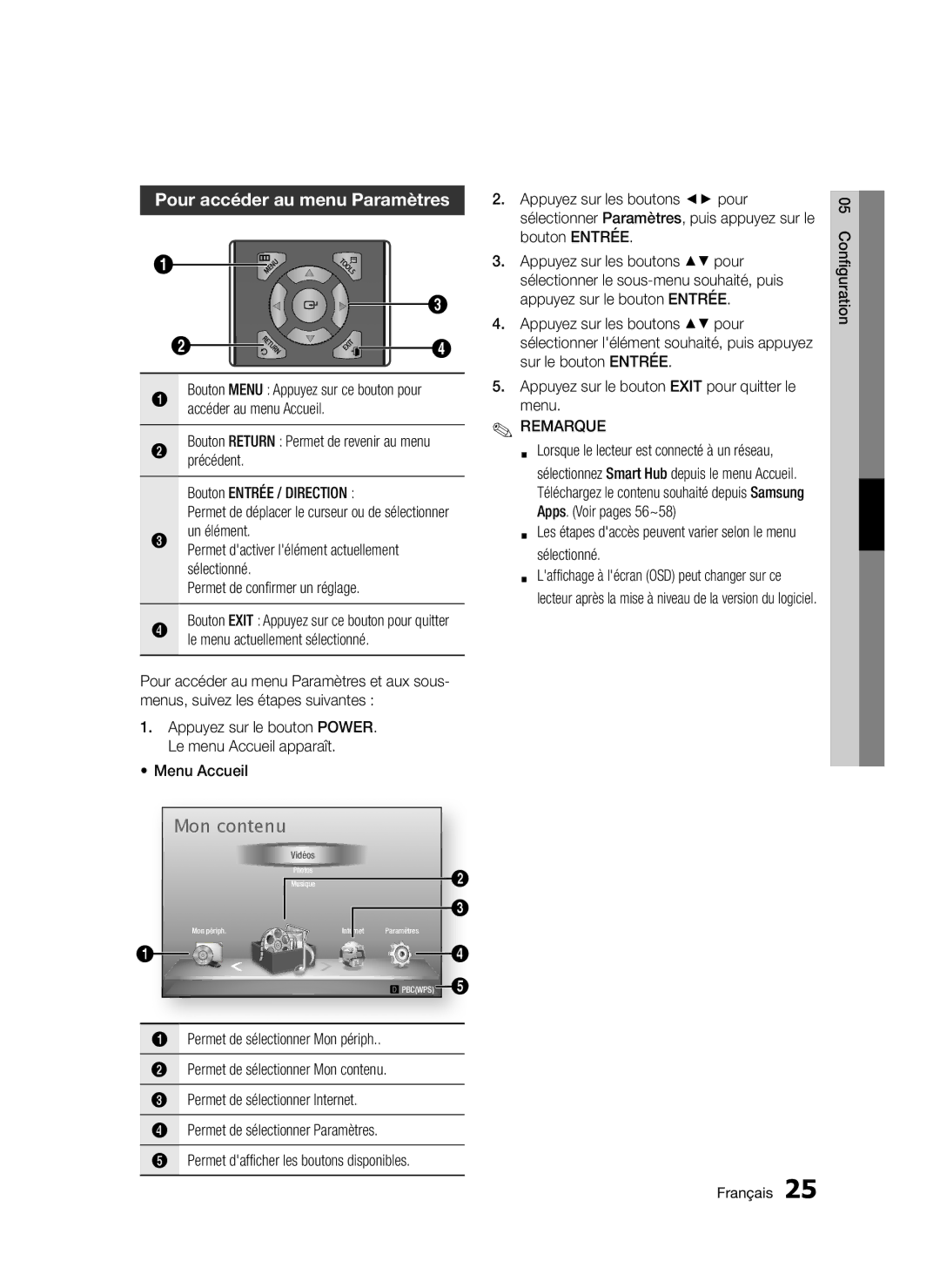 Samsung BD-D5300/XN manual Pour accéder au menu Paramètres, Bouton Entrée / Direction, Permet de confirmer un réglage 