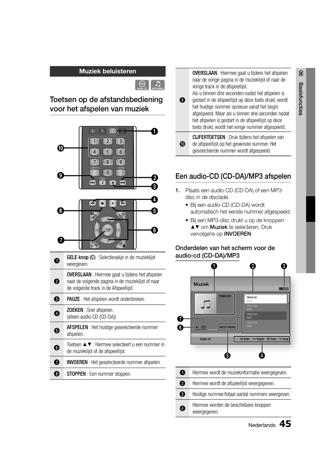 Samsung BD-D5300/ZF, BD-D5300/EN manual Muziek beluisteren, Onderdelen van het scherm voor de audio-cdCD-DA/MP3, Weergeven 