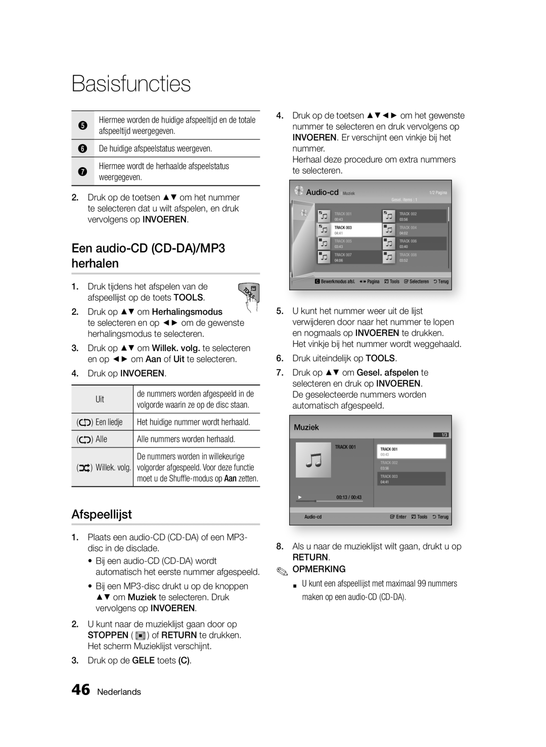 Samsung BD-D5300/XE, BD-D5300/EN, BD-D5300/XN, BD-D5300/ZF Een audio-CD CD-DA/MP3 herhalen, Afspeellijst, Return Opmerking 