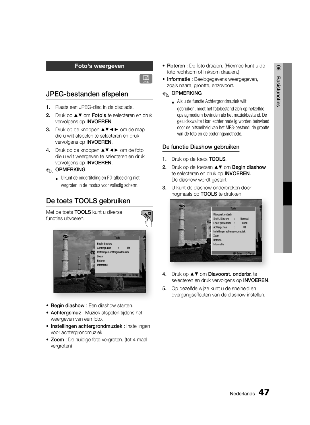 Samsung BD-D5300/EN manual JPEG-bestanden afspelen, De toets Tools gebruiken, Fotos weergeven, De functie Diashow gebruiken 