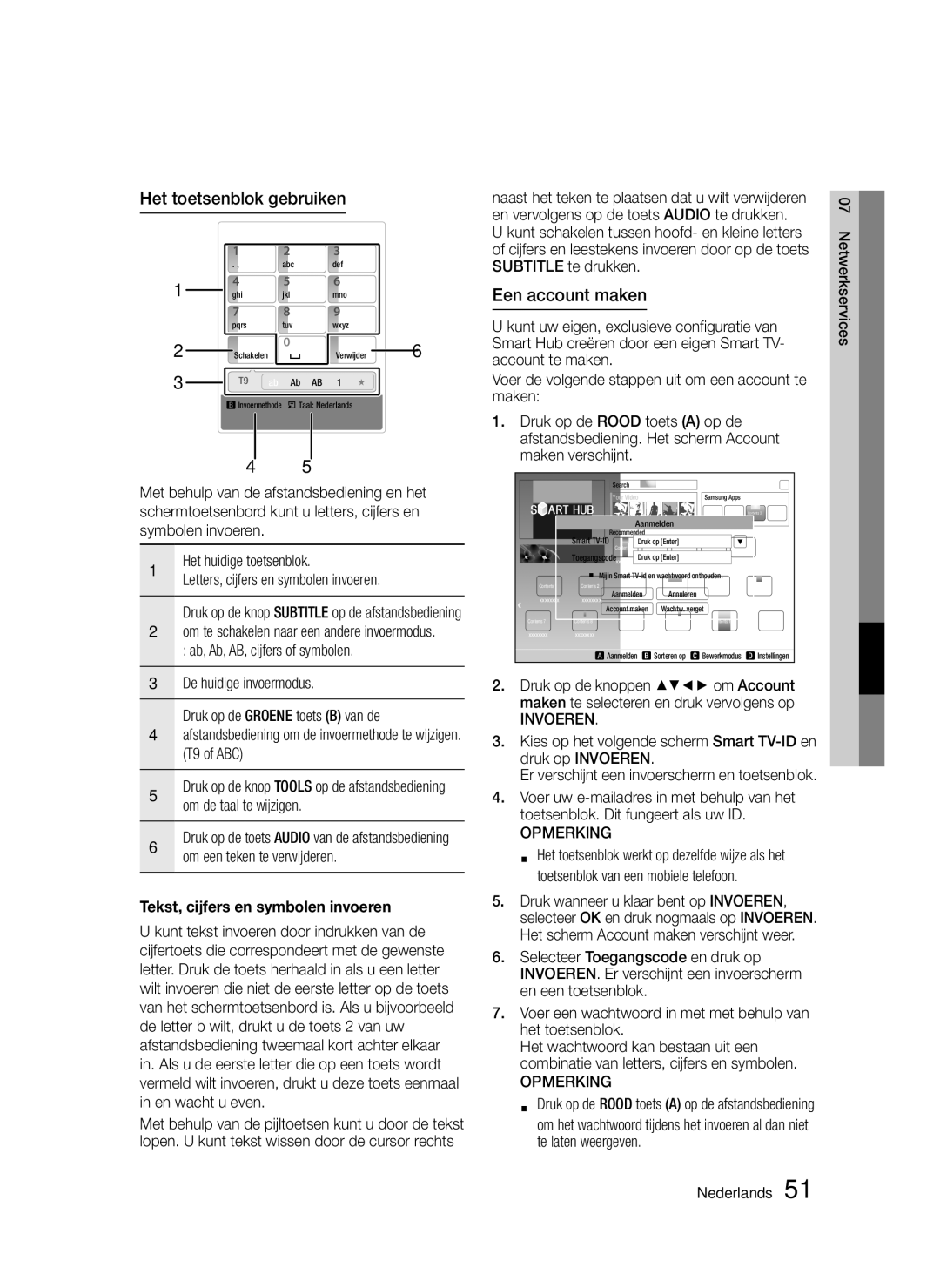 Samsung BD-D5300/EN, BD-D5300/XN manual Het toetsenblok gebruiken, Een account maken, Tekst, cijfers en symbolen invoeren 