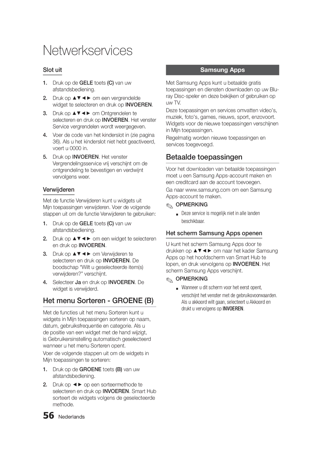 Samsung BD-D5300/XN, BD-D5300/EN, BD-D5300/ZF manual Het menu Sorteren Groene B, Betaalde toepassingen, Slot uit, Verwijderen 