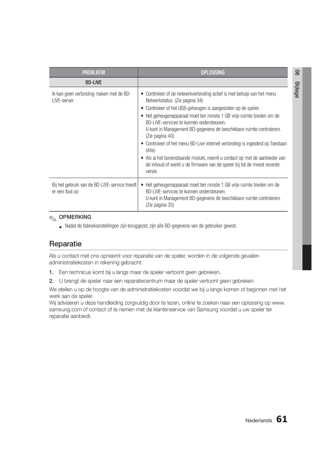 Samsung BD-D5300/ZF, BD-D5300/EN, BD-D5300/XN, BD-D5300/XE manual Reparatie 