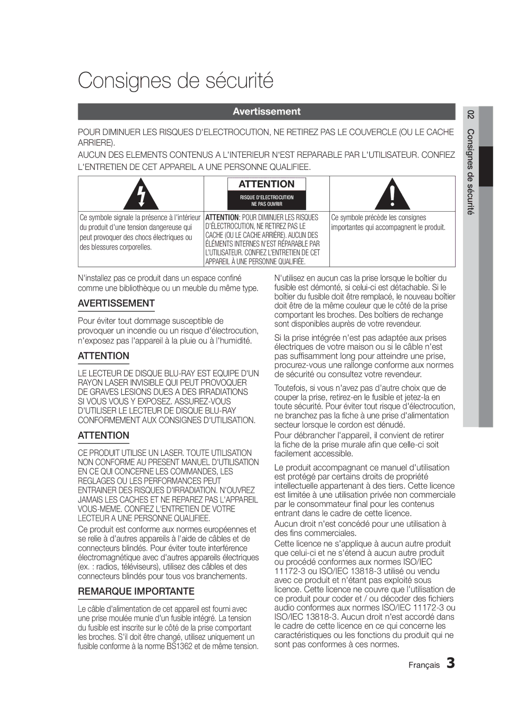 Samsung BD-D5300/XE Consignes de sécurité, Avertissement, Des blessures corporelles, Ce symbole précède les consignes 