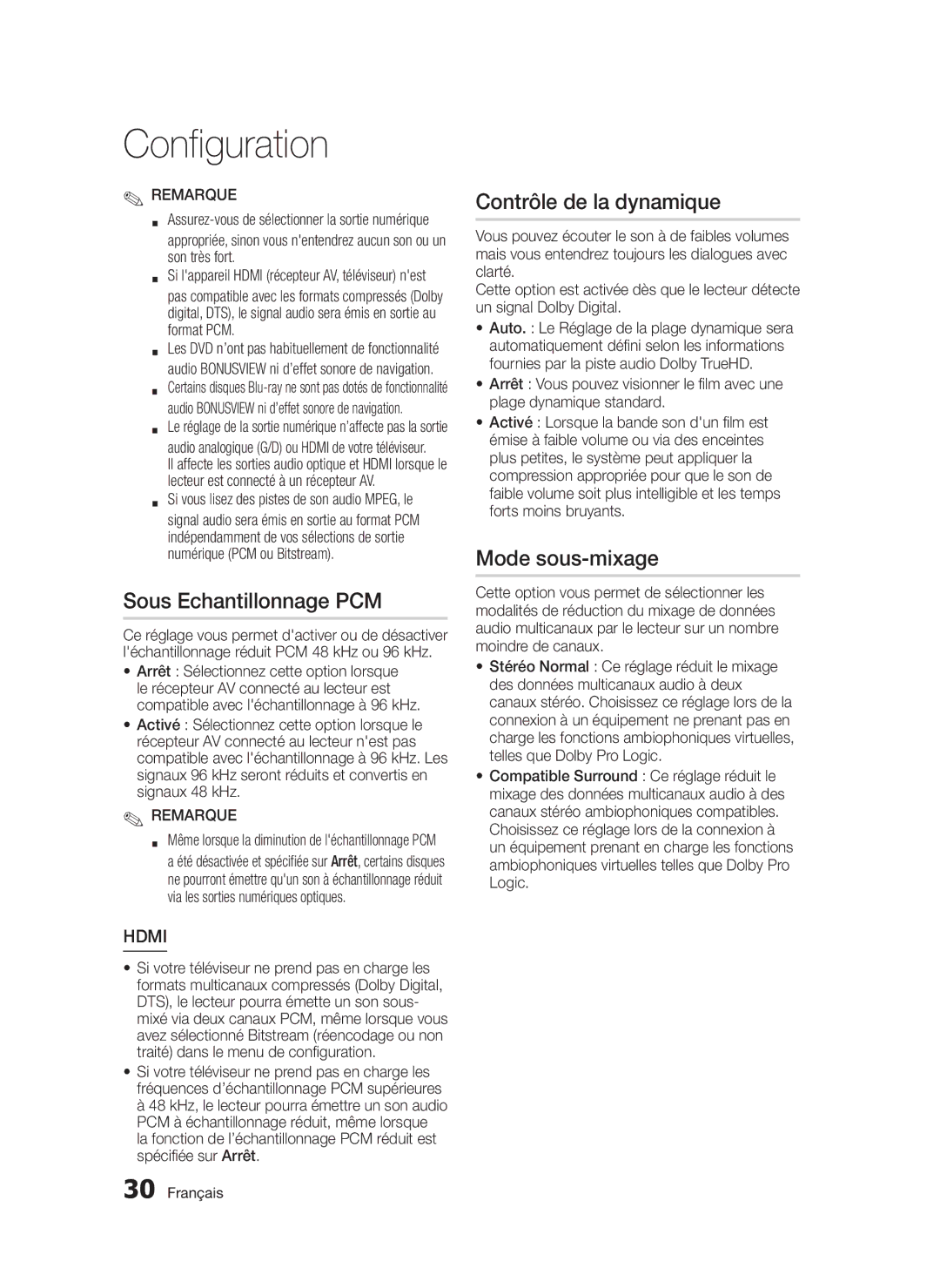 Samsung BD-D5300/ZF, BD-D5300/EN, BD-D5300/XN manual Sous Echantillonnage PCM, Contrôle de la dynamique, Mode sous-mixage 