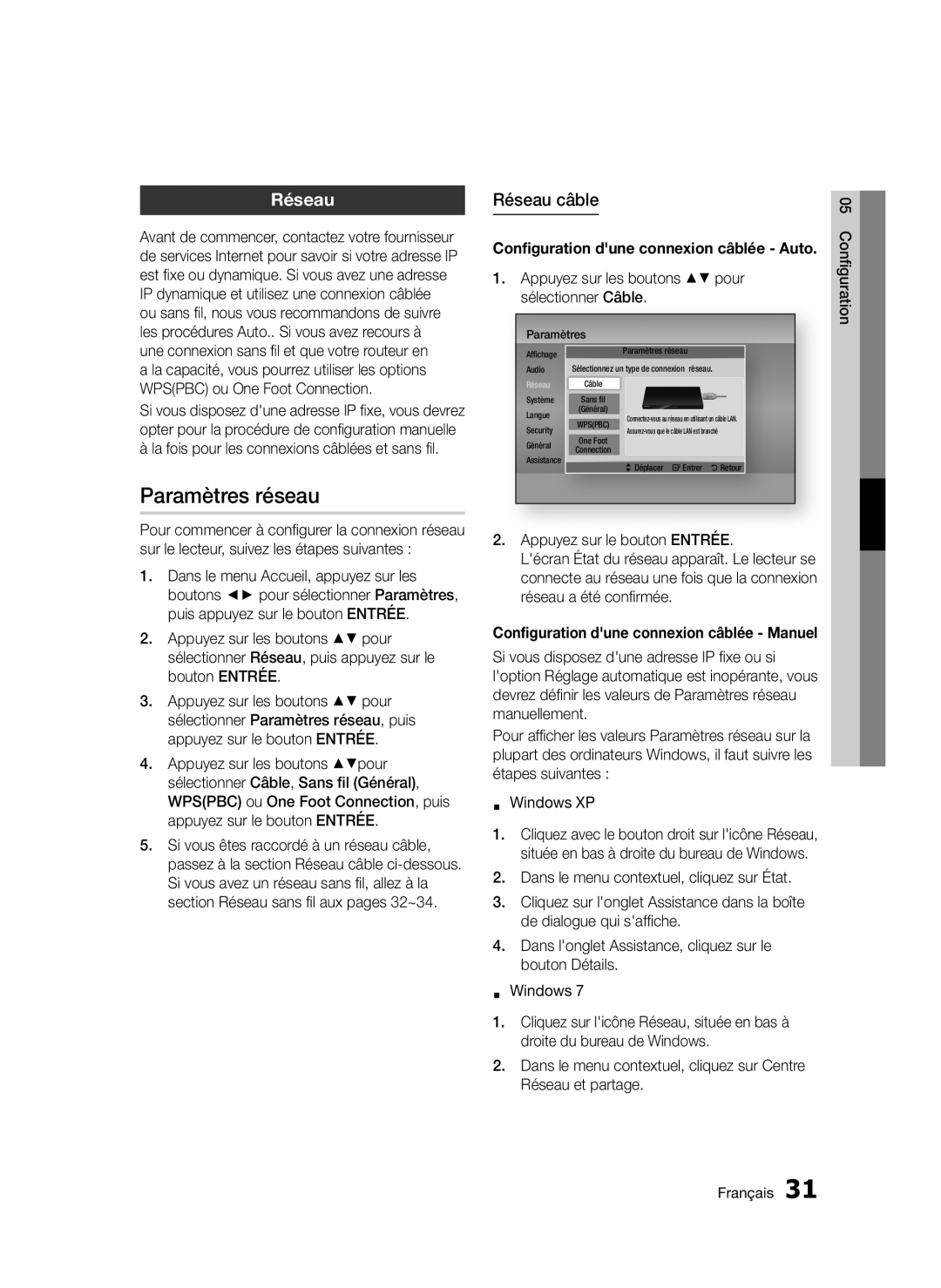 Samsung BD-D5300/XE, BD-D5300/EN manual Paramètres réseau, Réseau câble, Appuyez sur les boutons pour sélectionner Câble 