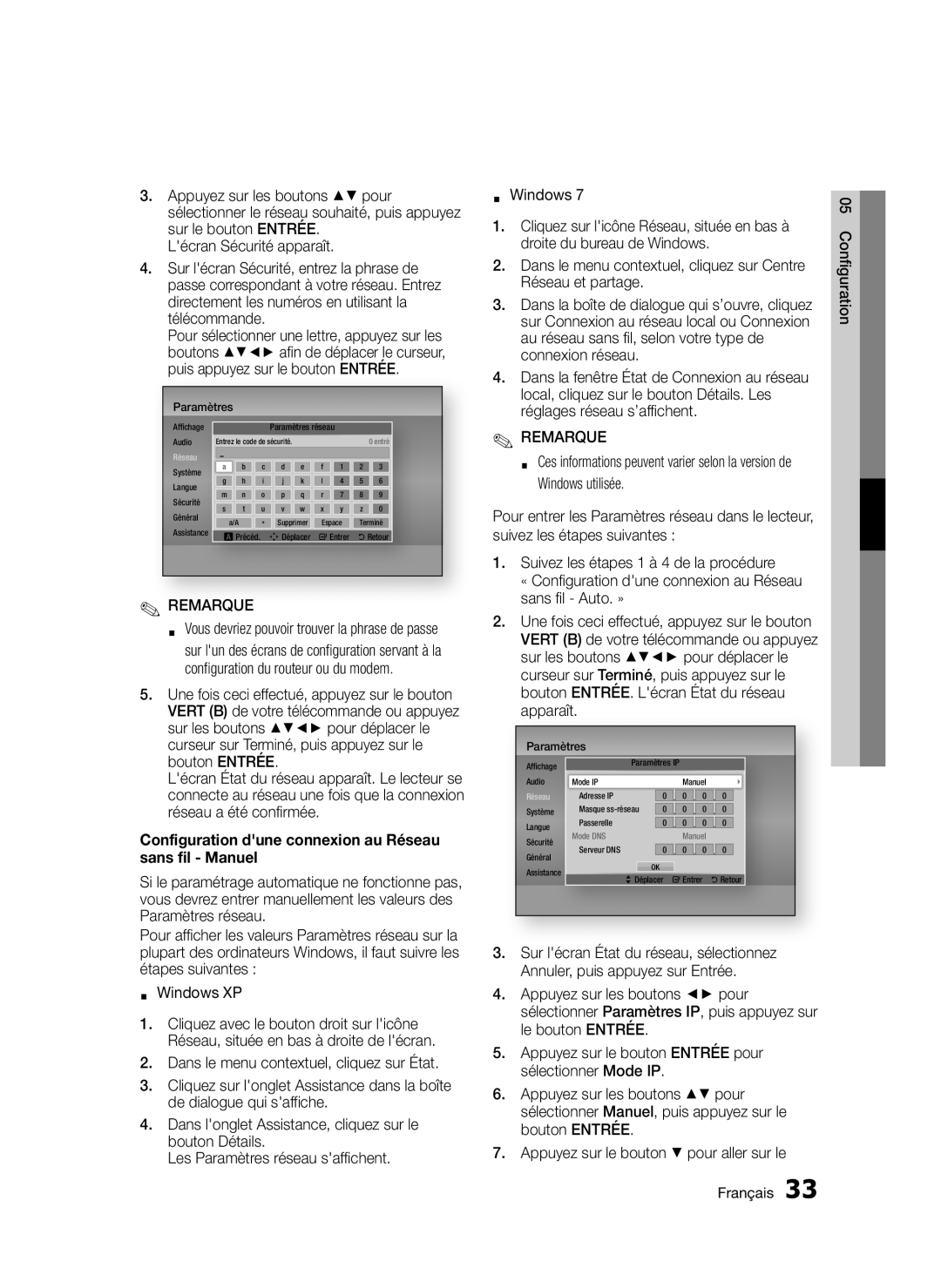 Samsung BD-D5300/XN, BD-D5300/EN manual Configuration dune connexion au Réseau sans fil Manuel, Droite du bureau de Windows 