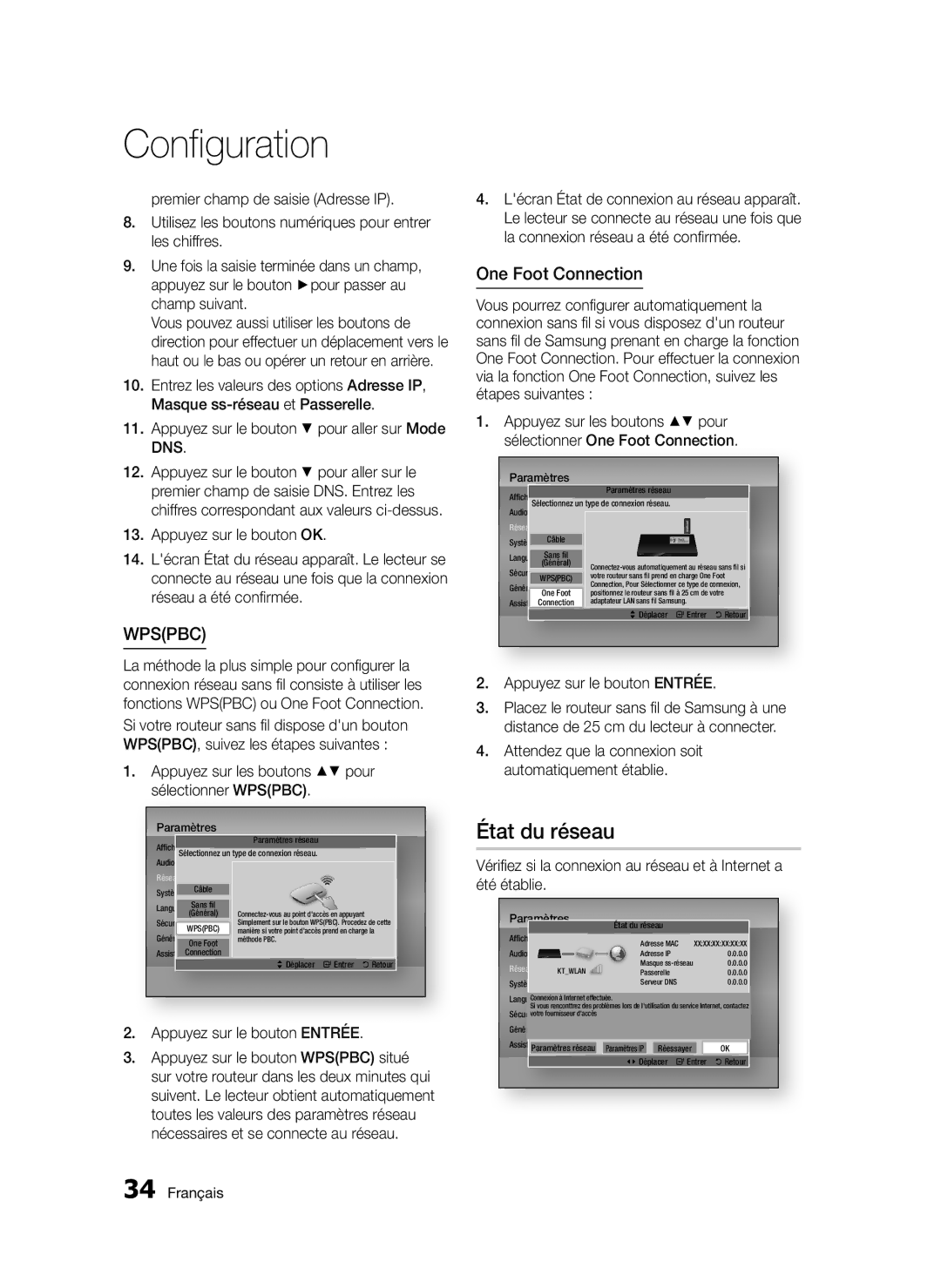 Samsung BD-D5300/ZF, BD-D5300/EN État du réseau, One Foot Connection, Appuyez sur les boutons pour sélectionner WPSPBC 