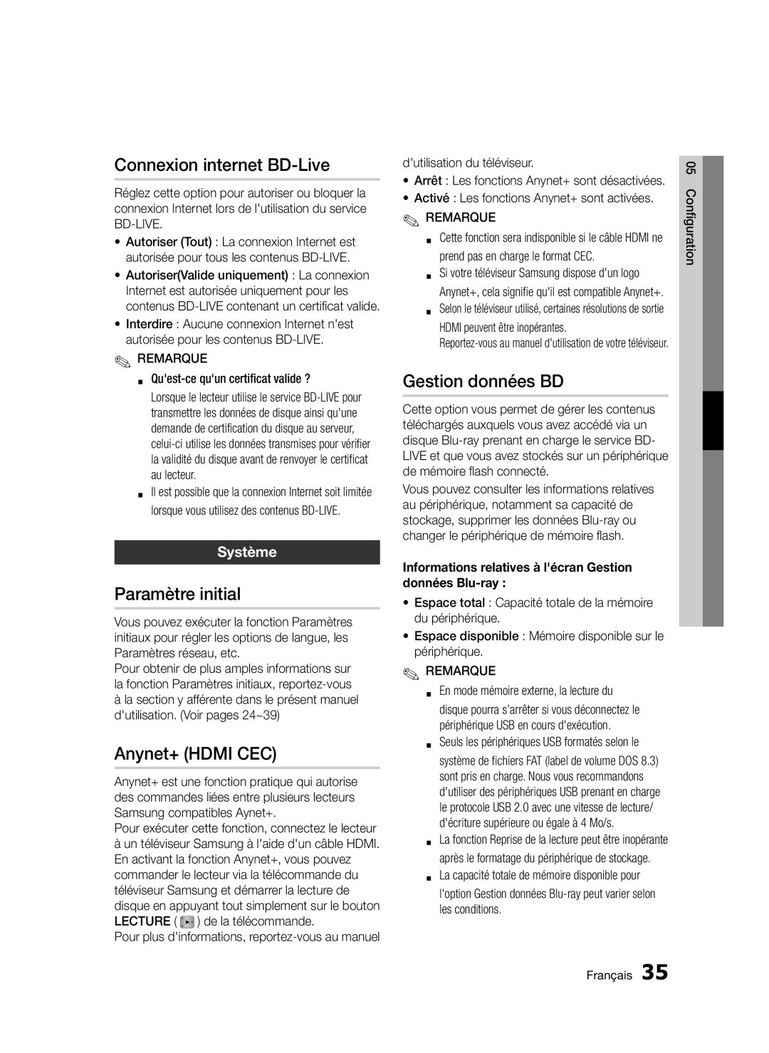 Samsung BD-D5300/XE manual Connexion internet BD-Live, Paramètre initial, Anynet+ Hdmi CEC, Gestion données BD, Système 